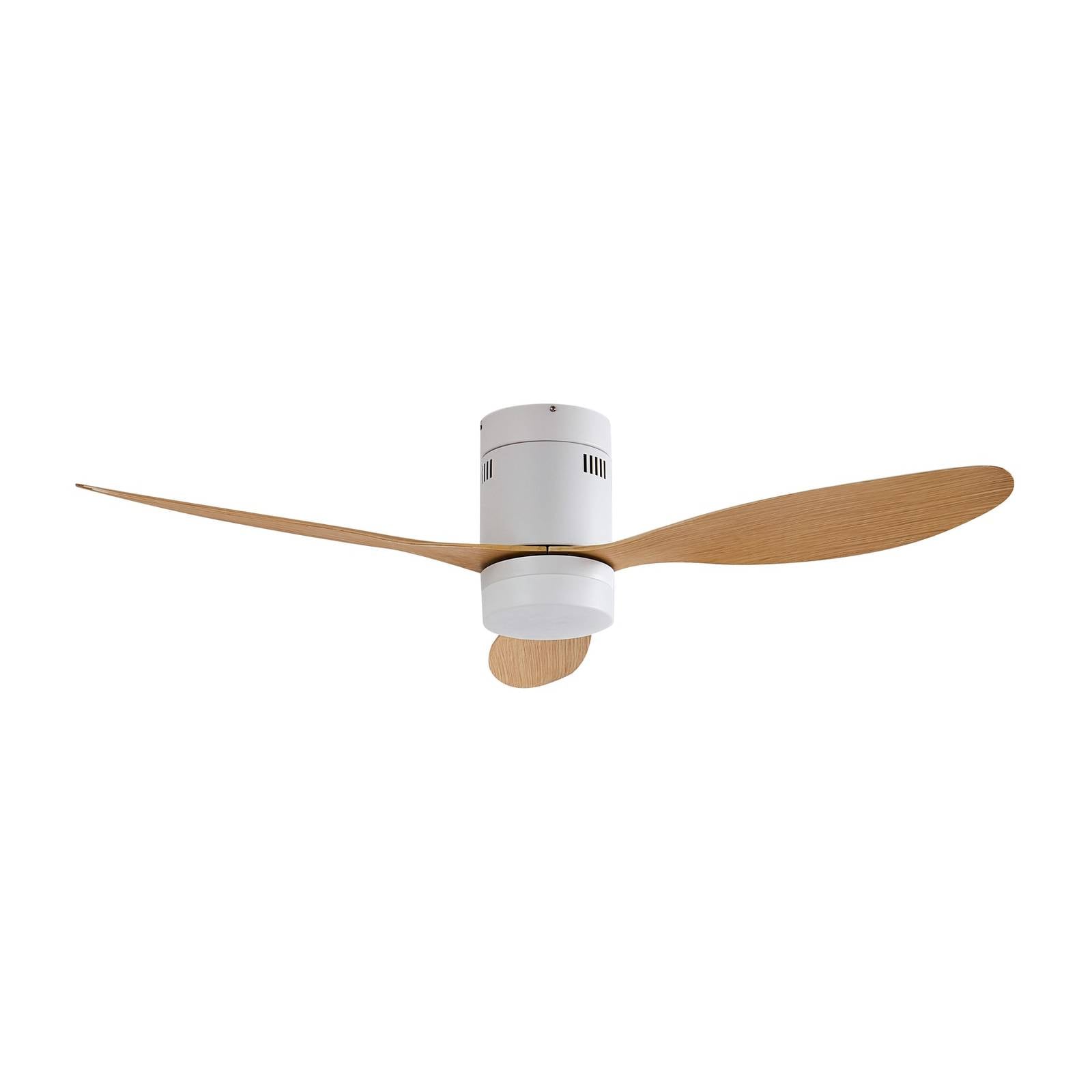 Lucande LED-Deckenventilator Kayu, weiß/holz, DC, 132 cm