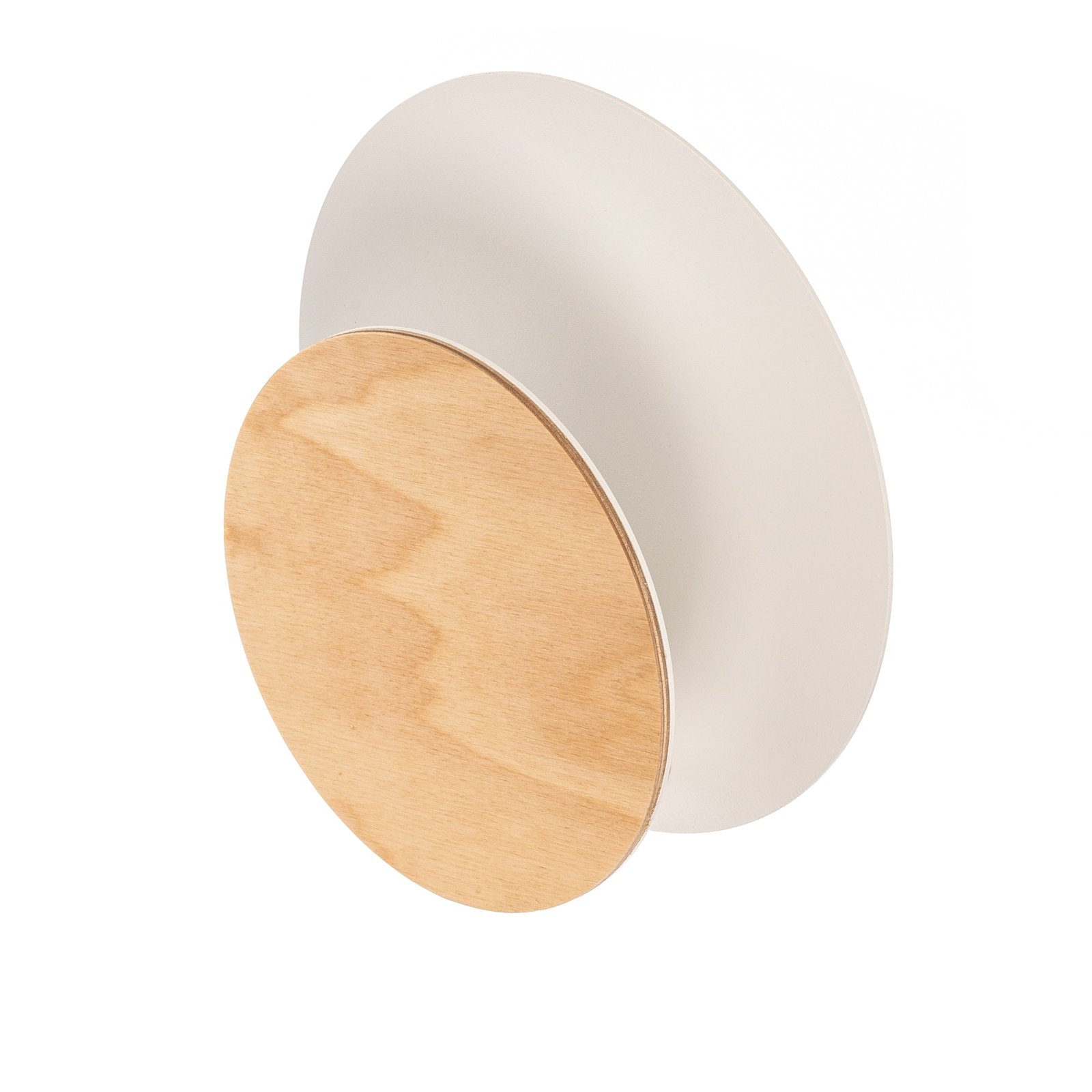 Kružna zidna svjetiljka u bijeloj boji, ukrasna ploča od svijetlog drva