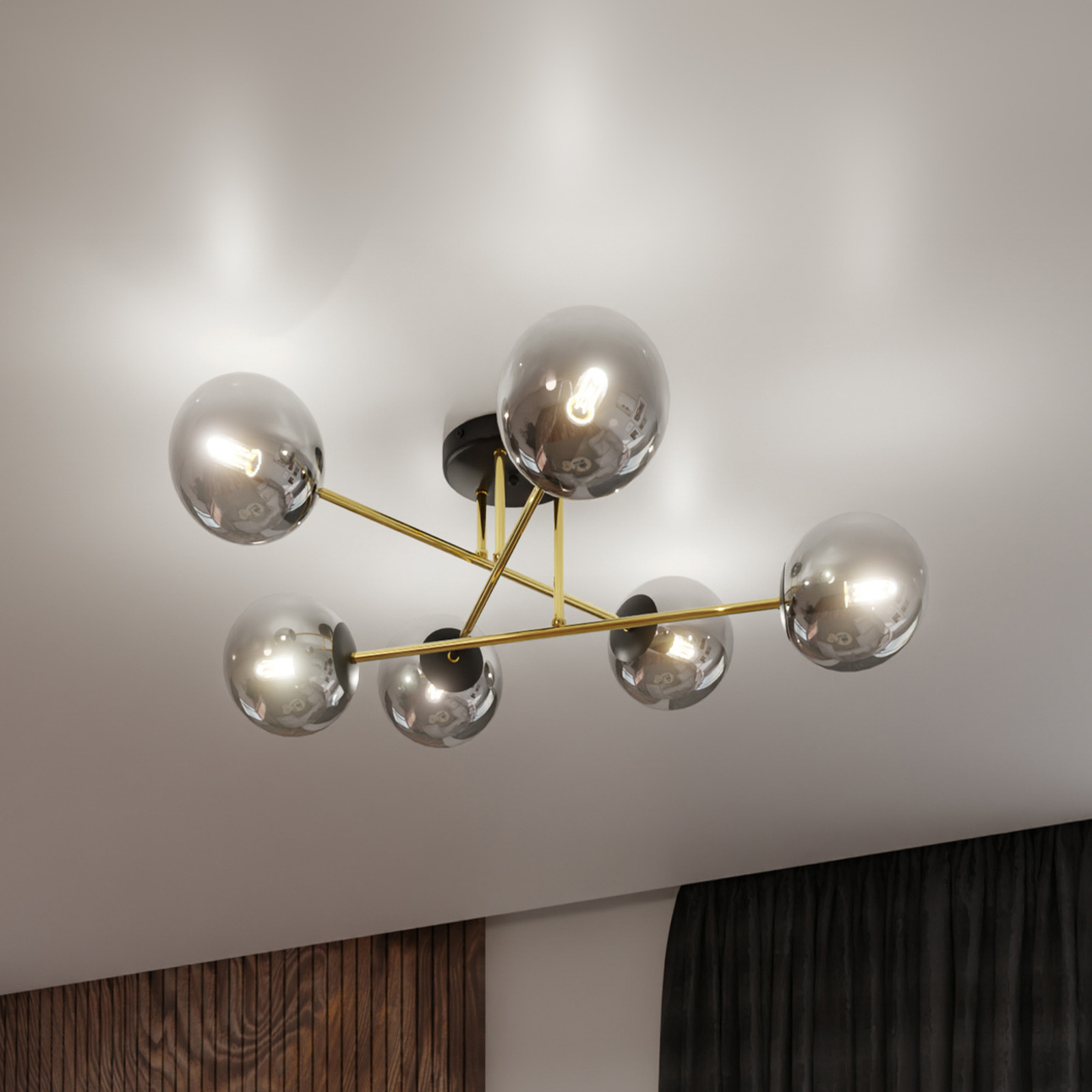 Glassy plafondlamp, 6-lamps, zwart/goud/grafiet