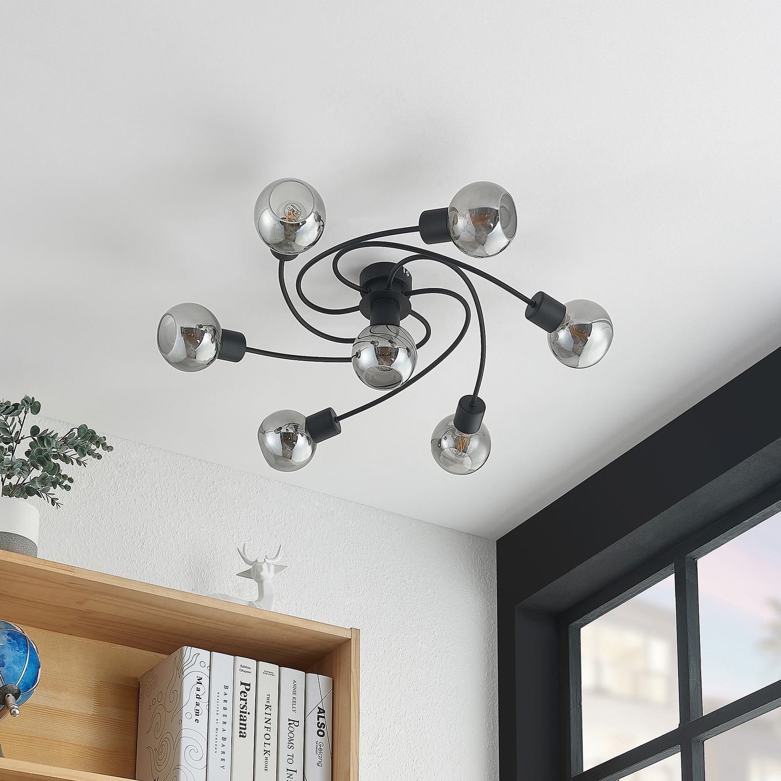 Lindby Ciala ceiling light, 7-bulb, black, smoke, glass
