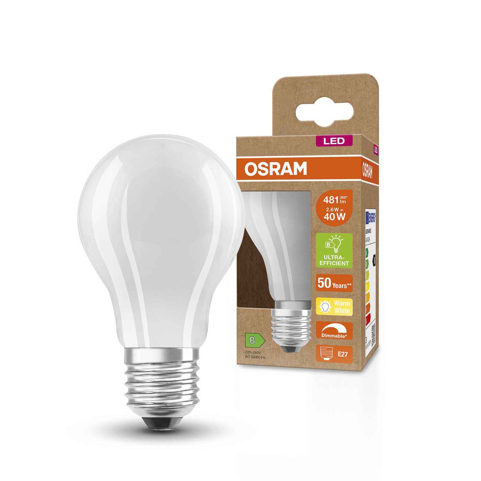 Класическа LED лампа OSRAM E27 2,6W 827 мат с възможност за димиране