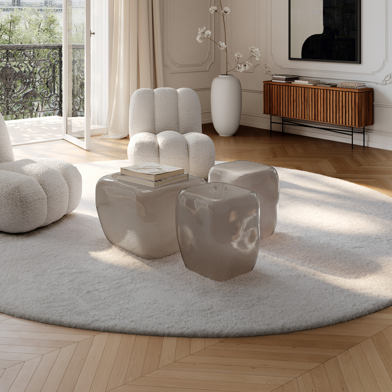 Stolik pomocniczy Ishi, beżowy, szerokość 32 cm, szkło – 101 Copenhagen