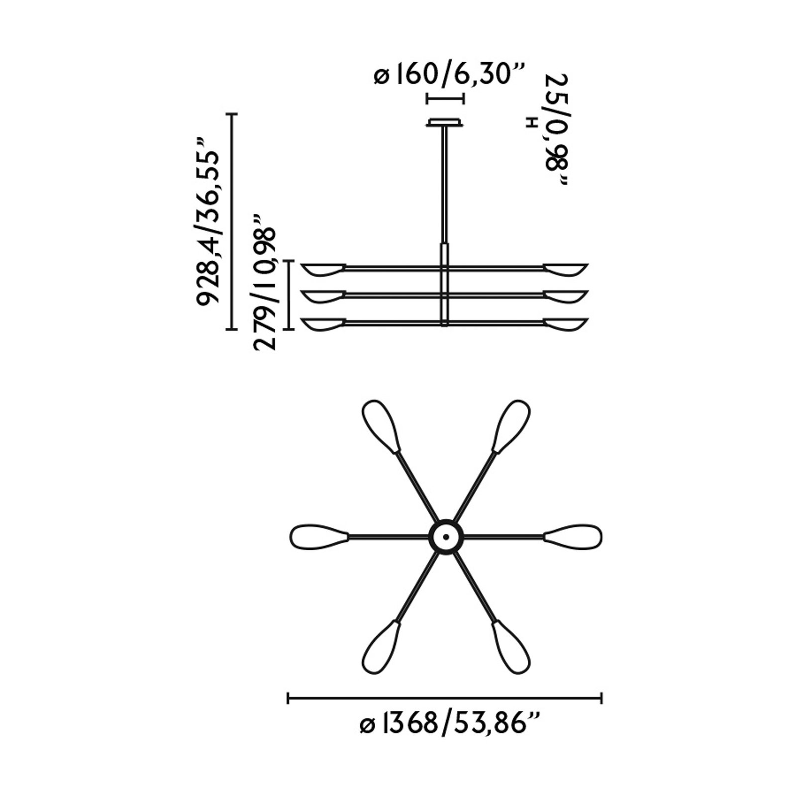 Liggera hanglamp, zwart, staal, Ø 136,8 cm, 6-lamps.