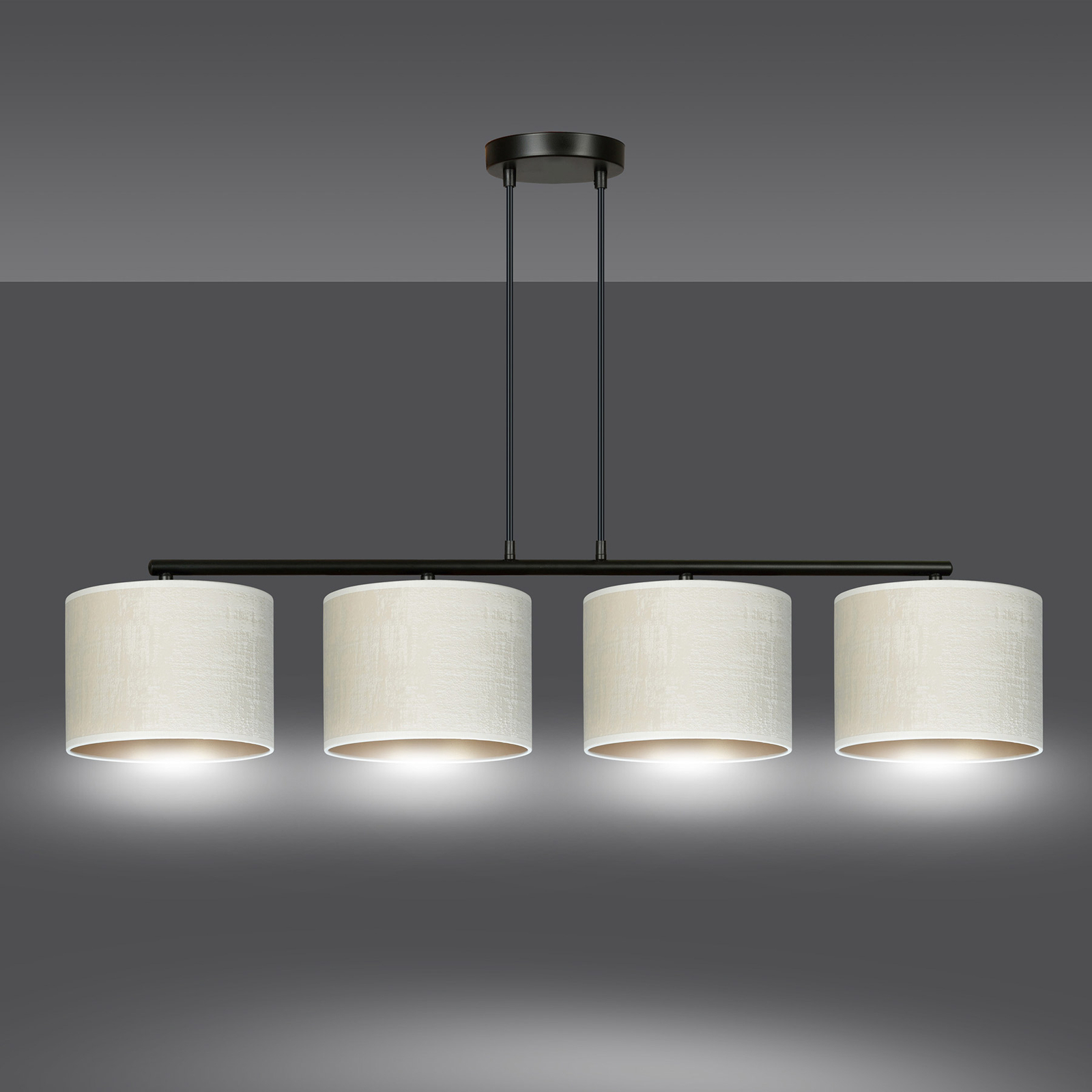 Hanglamp Jari stoffen kap 4-lamps lang, wit-goud