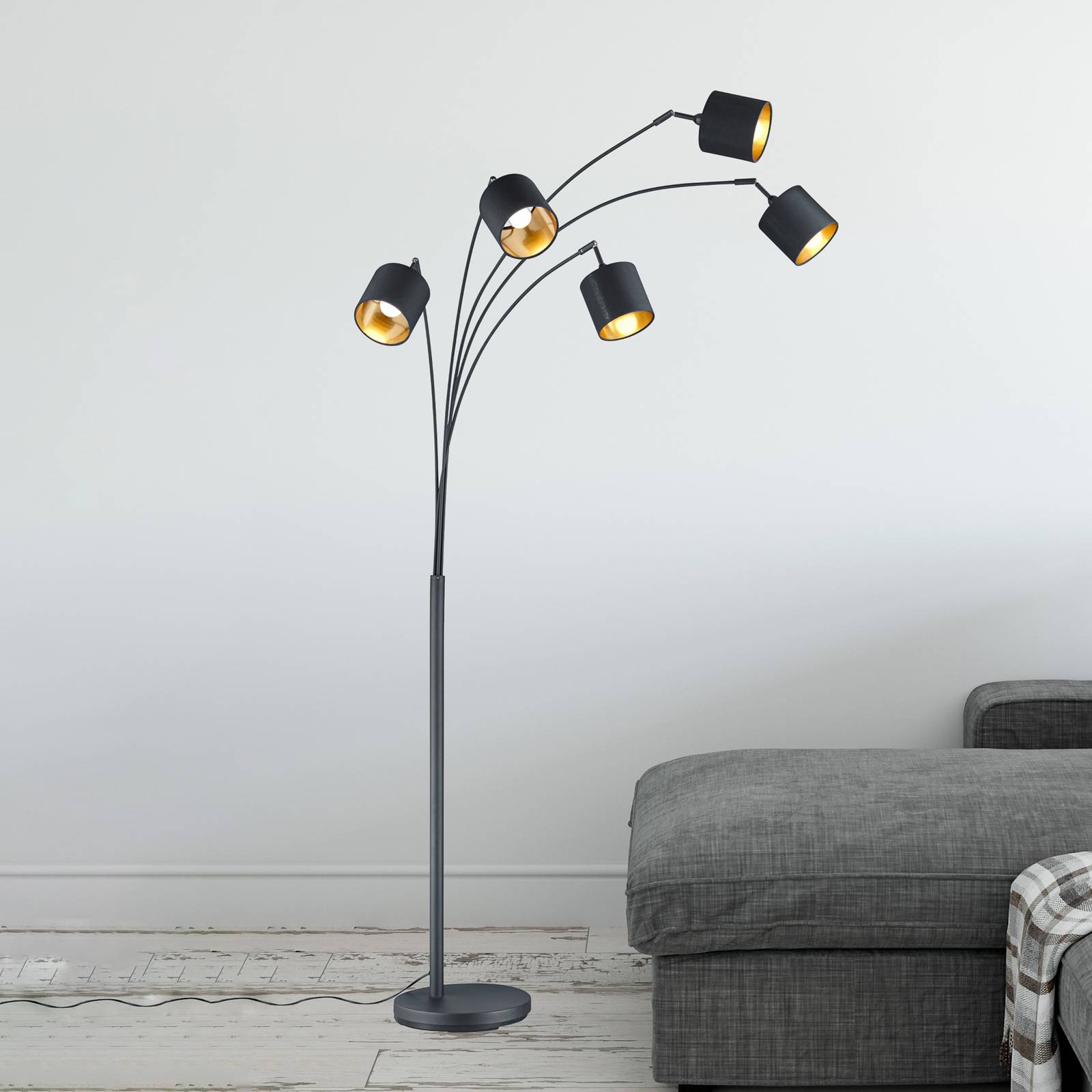 Reality Leuchten Lampadaire Tommy noir/or hauteur 200 cm 5 lampes tissu