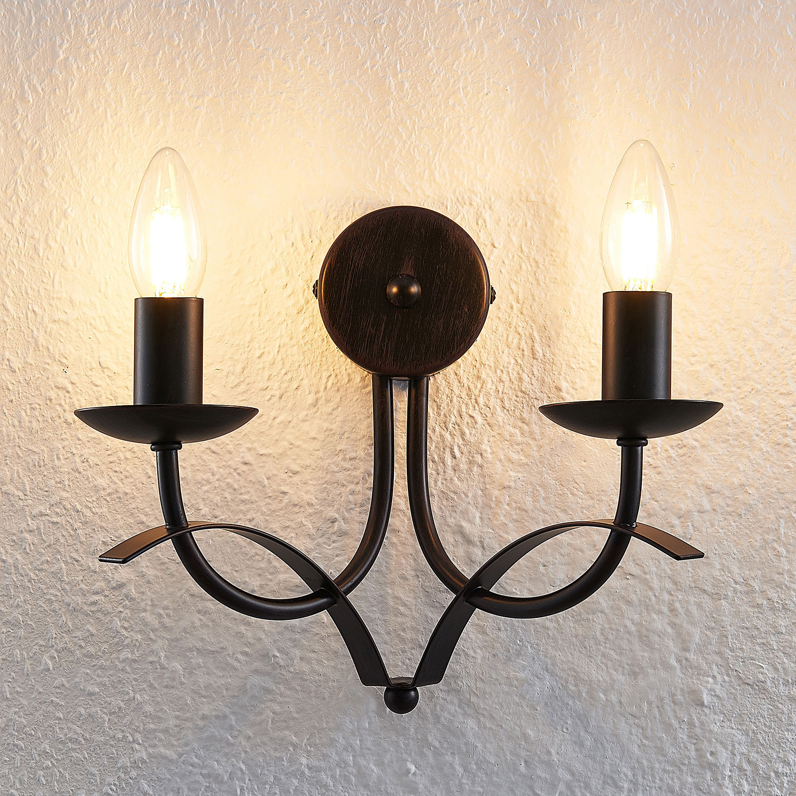 Lindby Amonja wall light, 2-bulb, brown, for Living / Dining Room, metal, E14, 40 W, energy efficiency: A++, W: 28.5 cm, H: 23 cm
