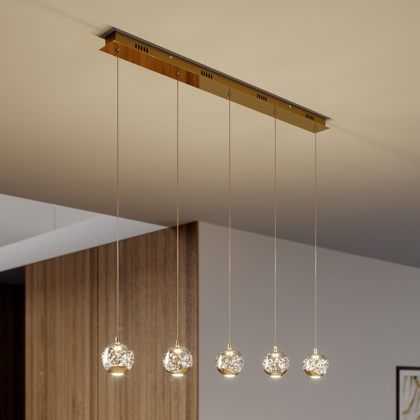 LED hanglamp Hayley, 5 lampen, langwerpig, goud
