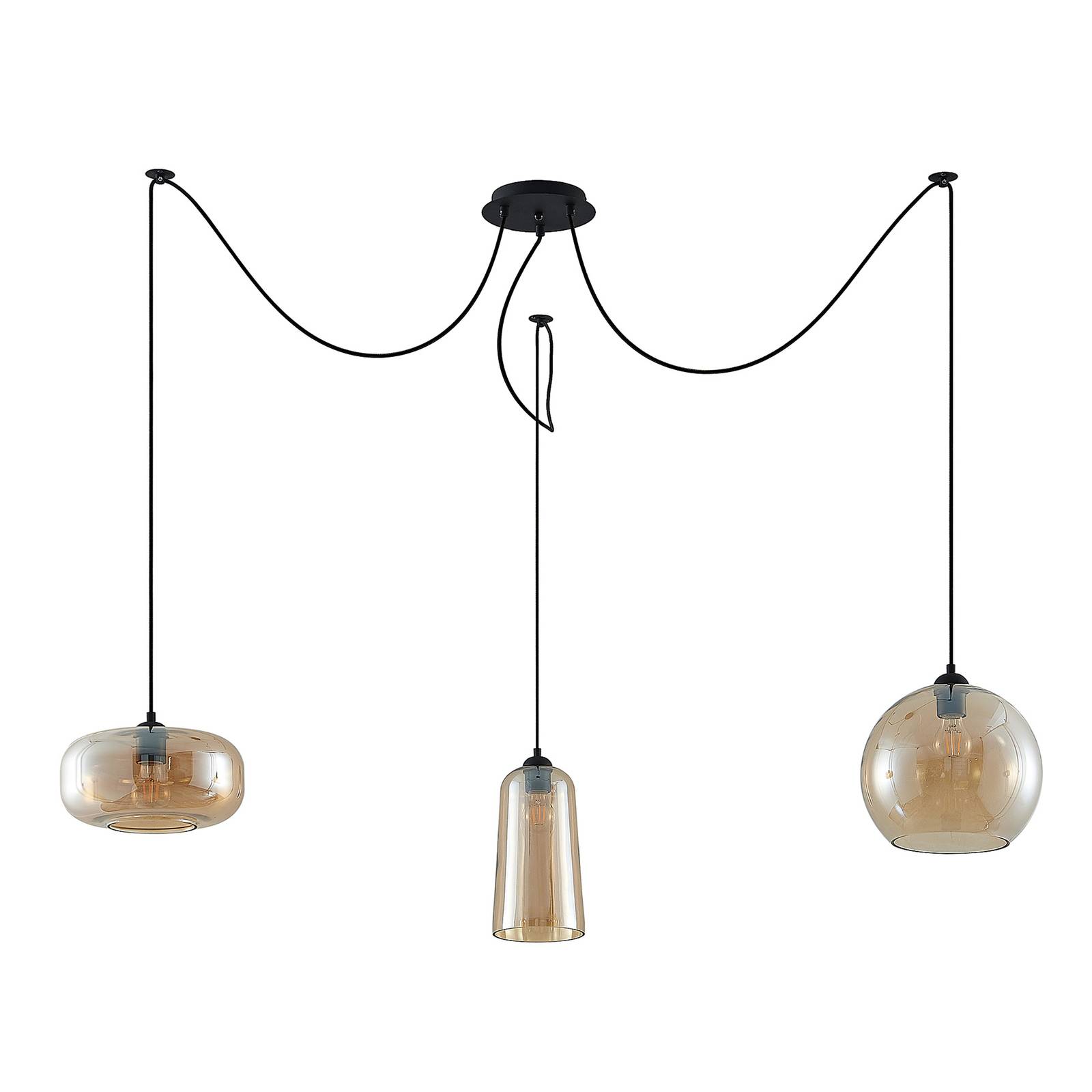 Lucande Zyli pendant light, three-bulb, amber, for Living / Dining Room, metal, glass, E27, 60 W