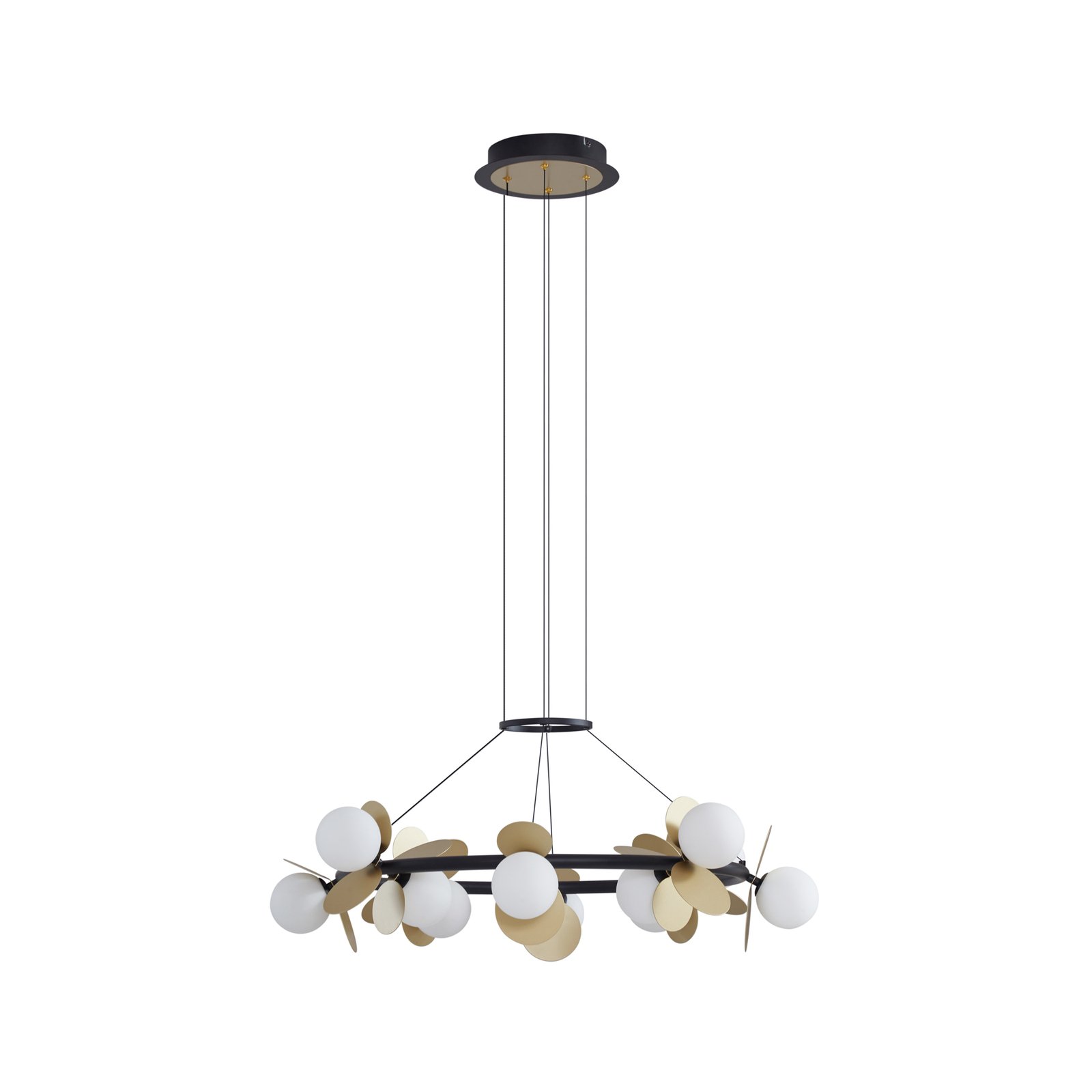 Lucande Pallo hanglamp, rond, 12-lamps, zwart/goud