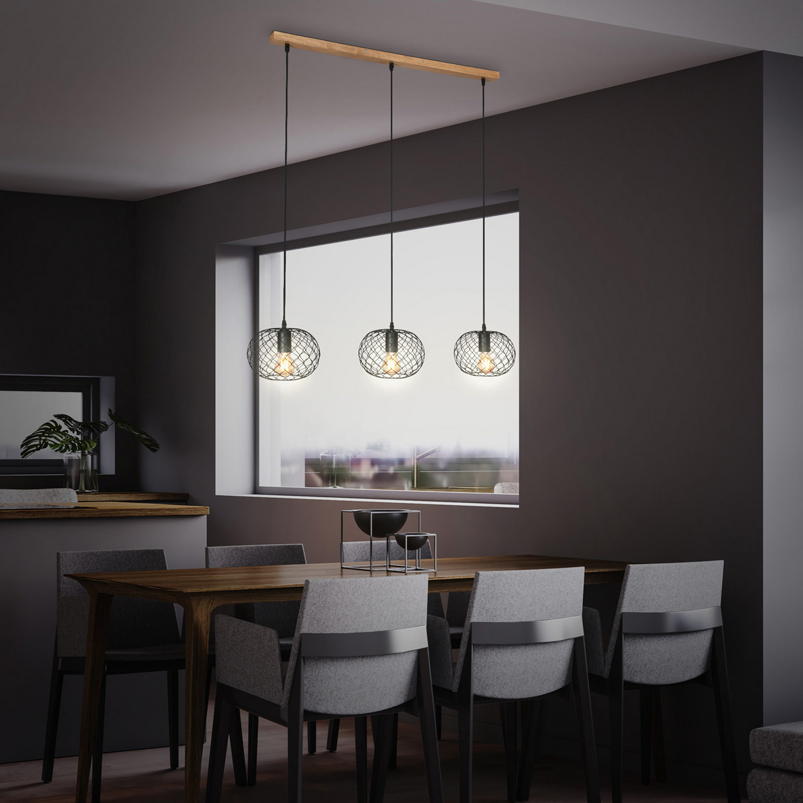 Briloner Winki Vintage lampă suspendată negru/lemn 3 surse - Bucătărie - negru lemn culoare deschisă - Metal