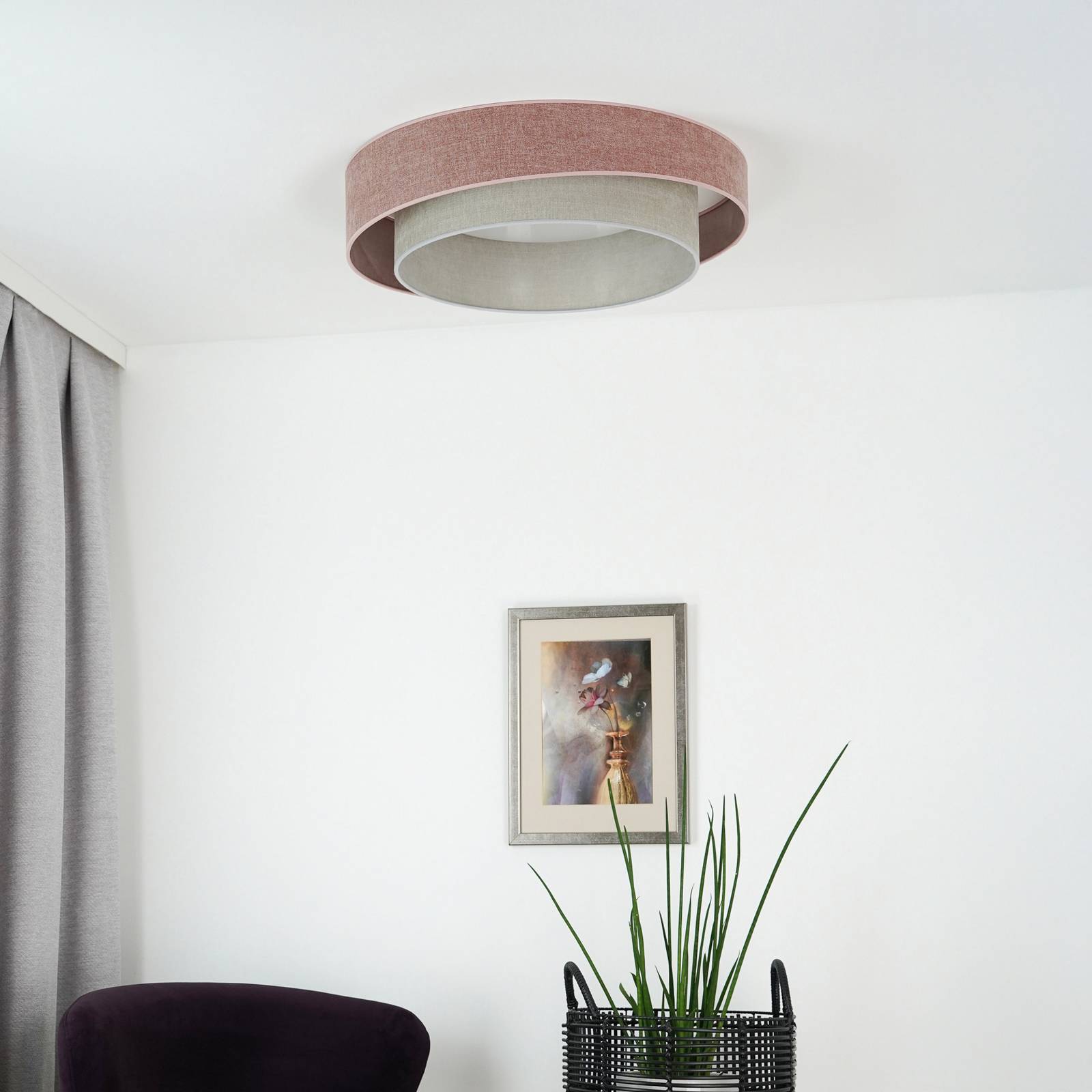 Lampa sufitowa LED Luneta S, szenilowa, różowa/szara, ściemniana 3-stopniowo