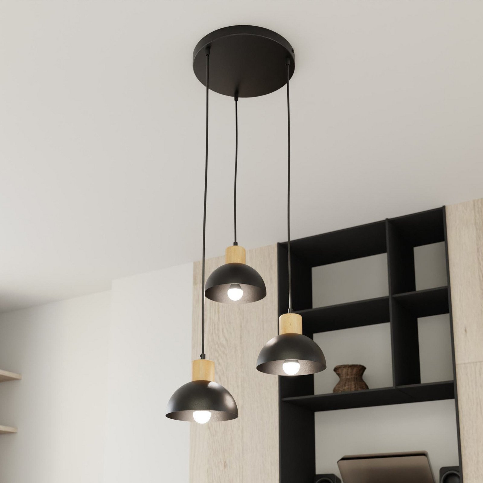 EMIBIG LIGHTING Lampă suspendată Seco Ø 30 cm negru metal/lemn 3 becuri. - Camera de zi / sufragerie - negru lemn deschis