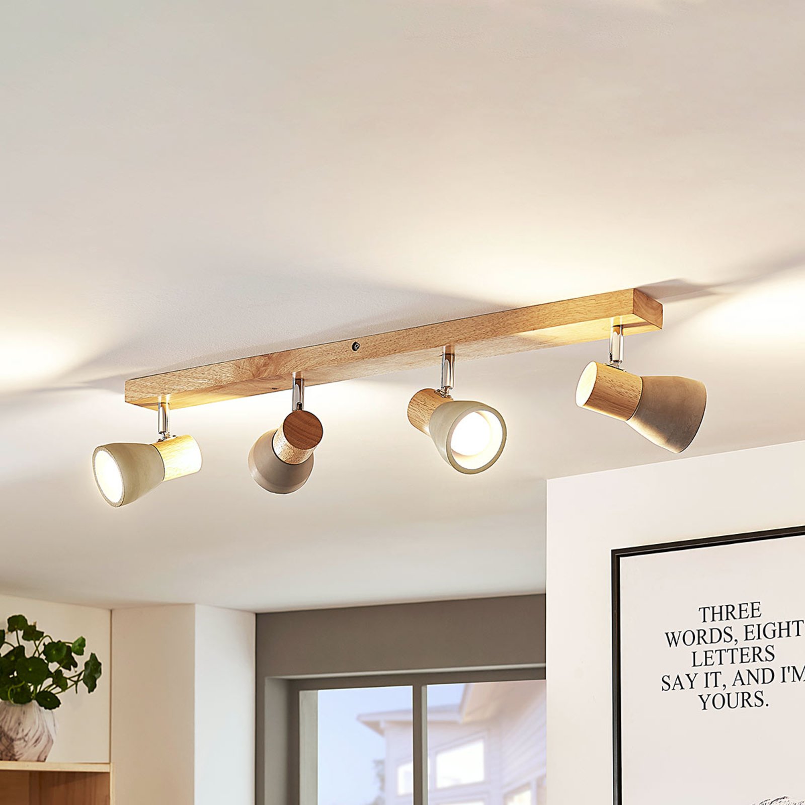 Four-bulb wooden LED ceiling light Filiz, concrete