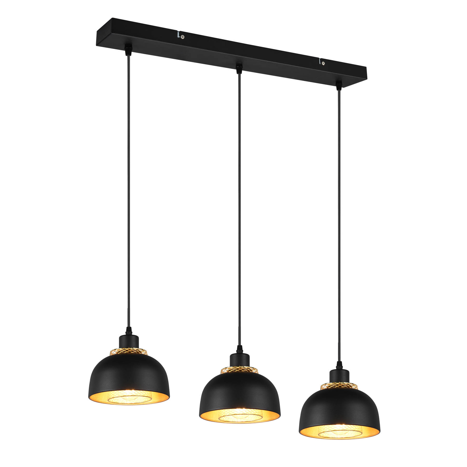 Punch pendant light, black/gold, three-bulb
