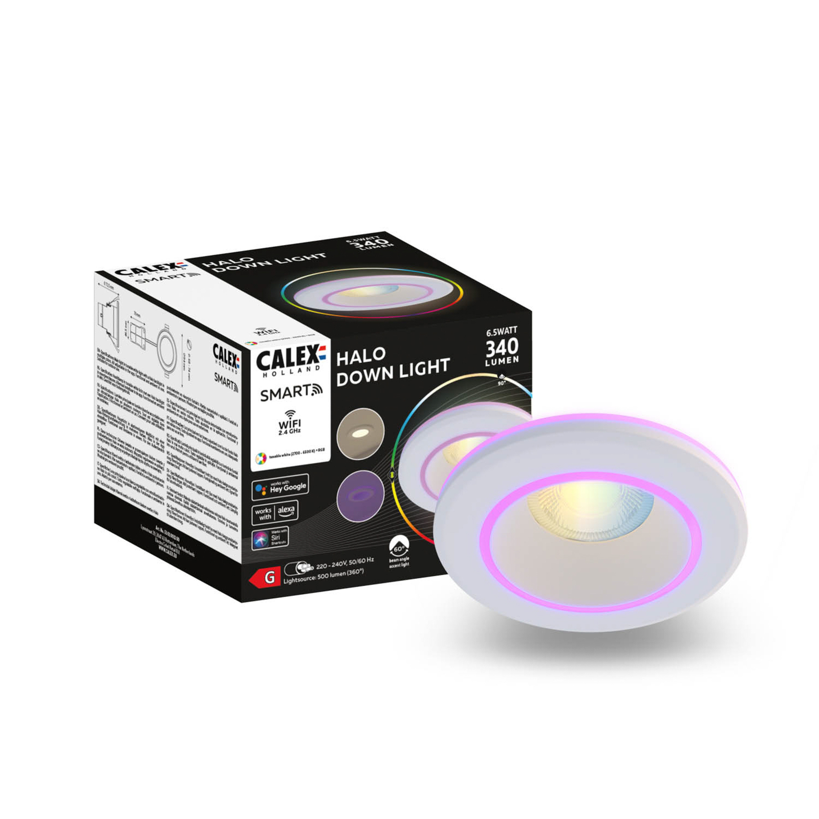 Calex Smart Halo -uppoalasvalo, CCT, RGB valkoinen