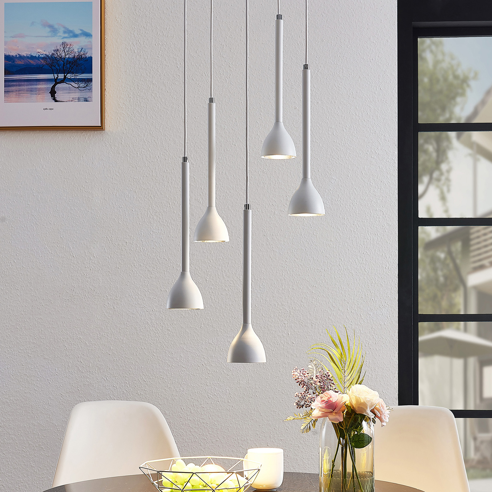 Lucande Nordwin hanging light, 5-bulb, white and silver, for Living / Dining Room, metal, GU10, 35 W, energy efficiency: A++