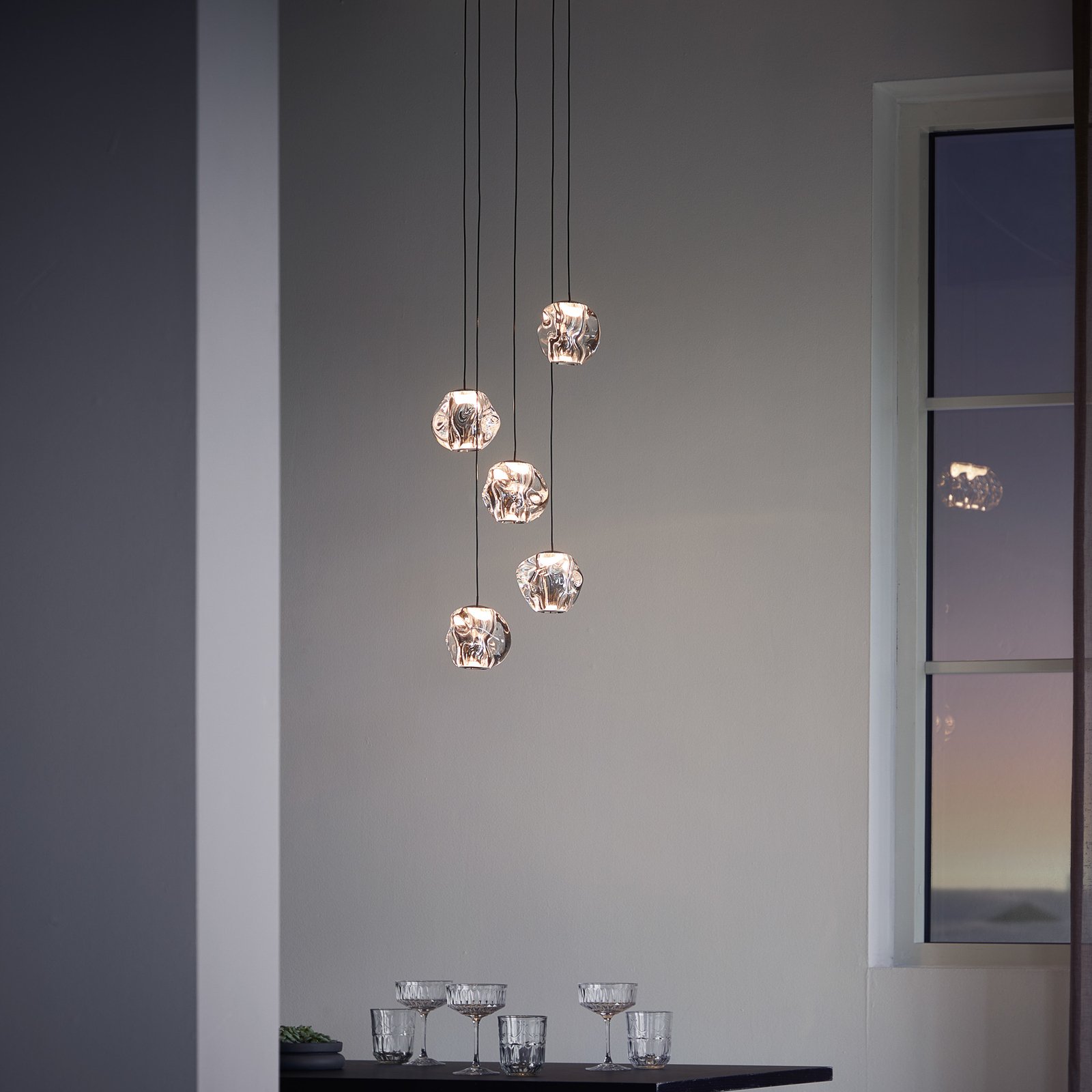 LOOM DESIGN Suspension LED Ice Ball, chrome/clair, à 5 lampes