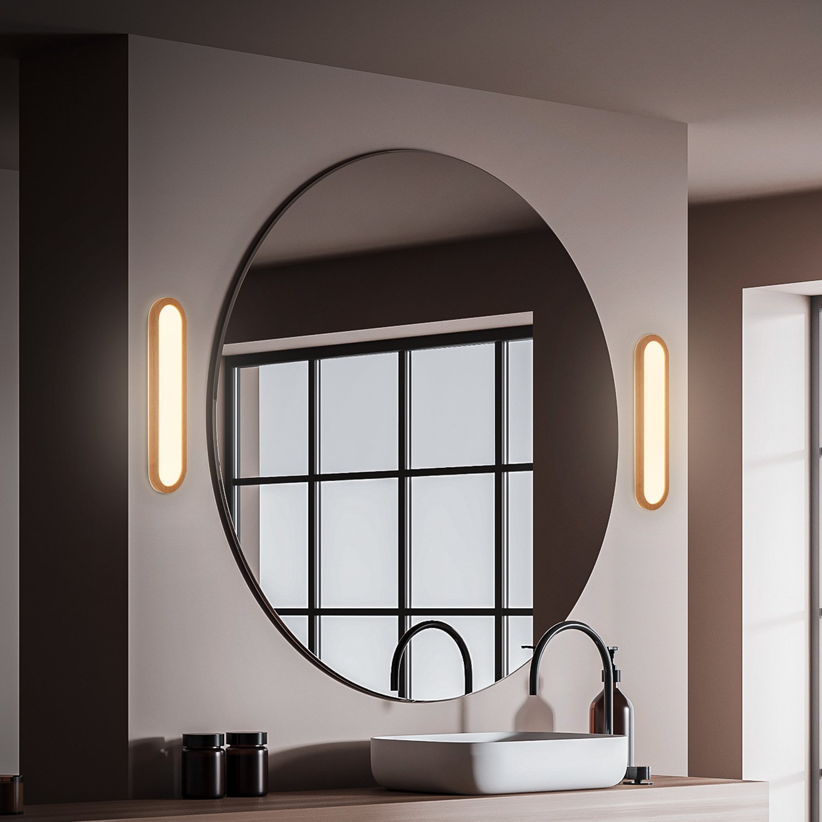 LED-vannitoa seinavalgusti Pil, puidutoon, laius 35 cm, plast