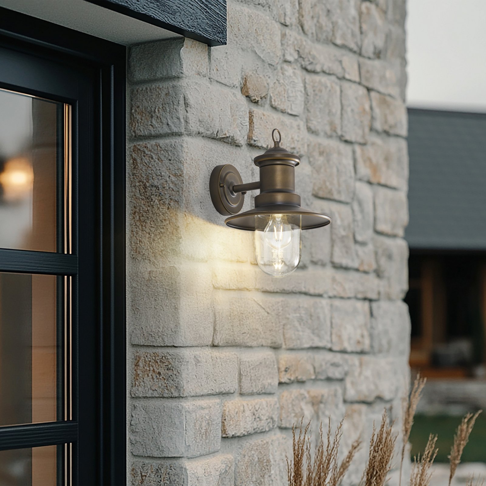 Candeeiro de parede Lindby Eloretta, latão antigo, aço, IP44, E27