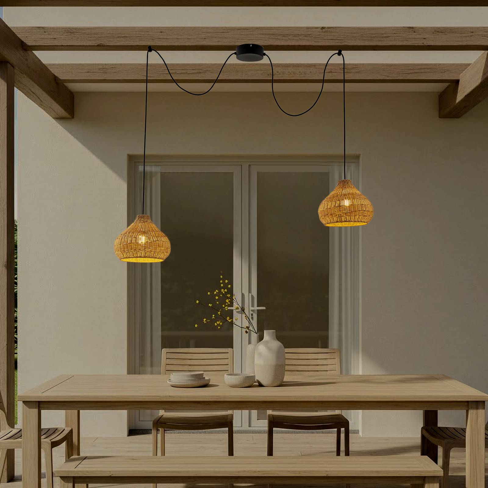 Lucande Außenhängelampe Taniola, 2-flg., beige, Rattan, IP44 günstig online kaufen