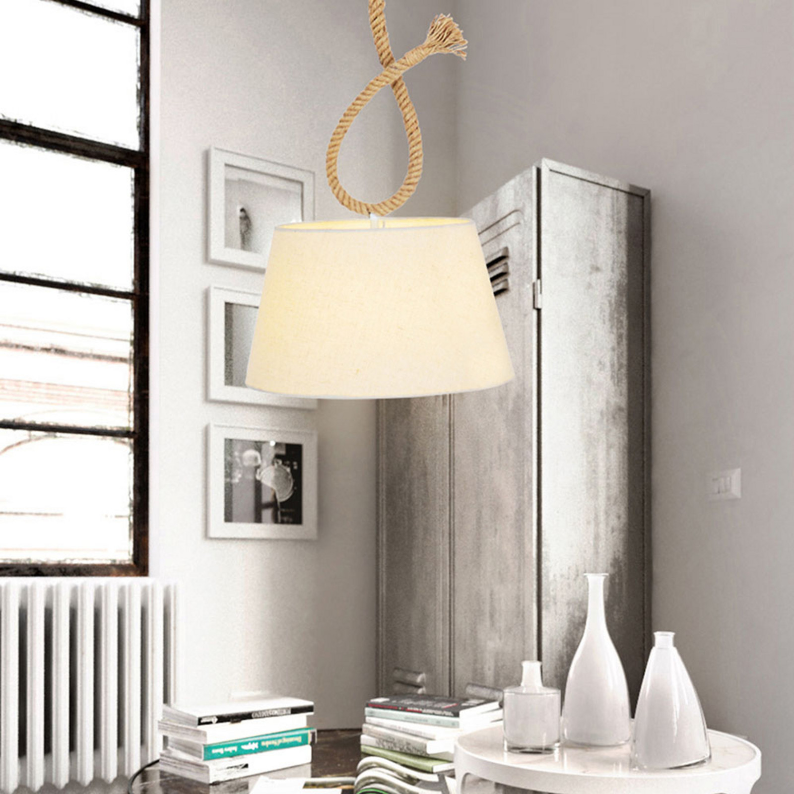 Näve Lampă suspendată Rope abajur textil Ø 35 cm - Camera de zi / sufragerie - maro deschis natur alb - Țesătură / Textil