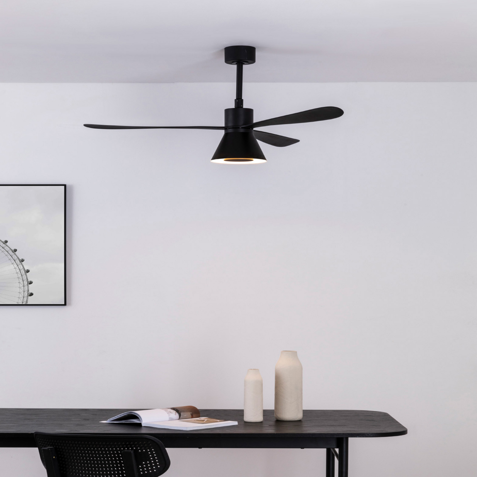 Ventilator de tavan cu LED Amelia Cone L, negru, silențios, 132 cm