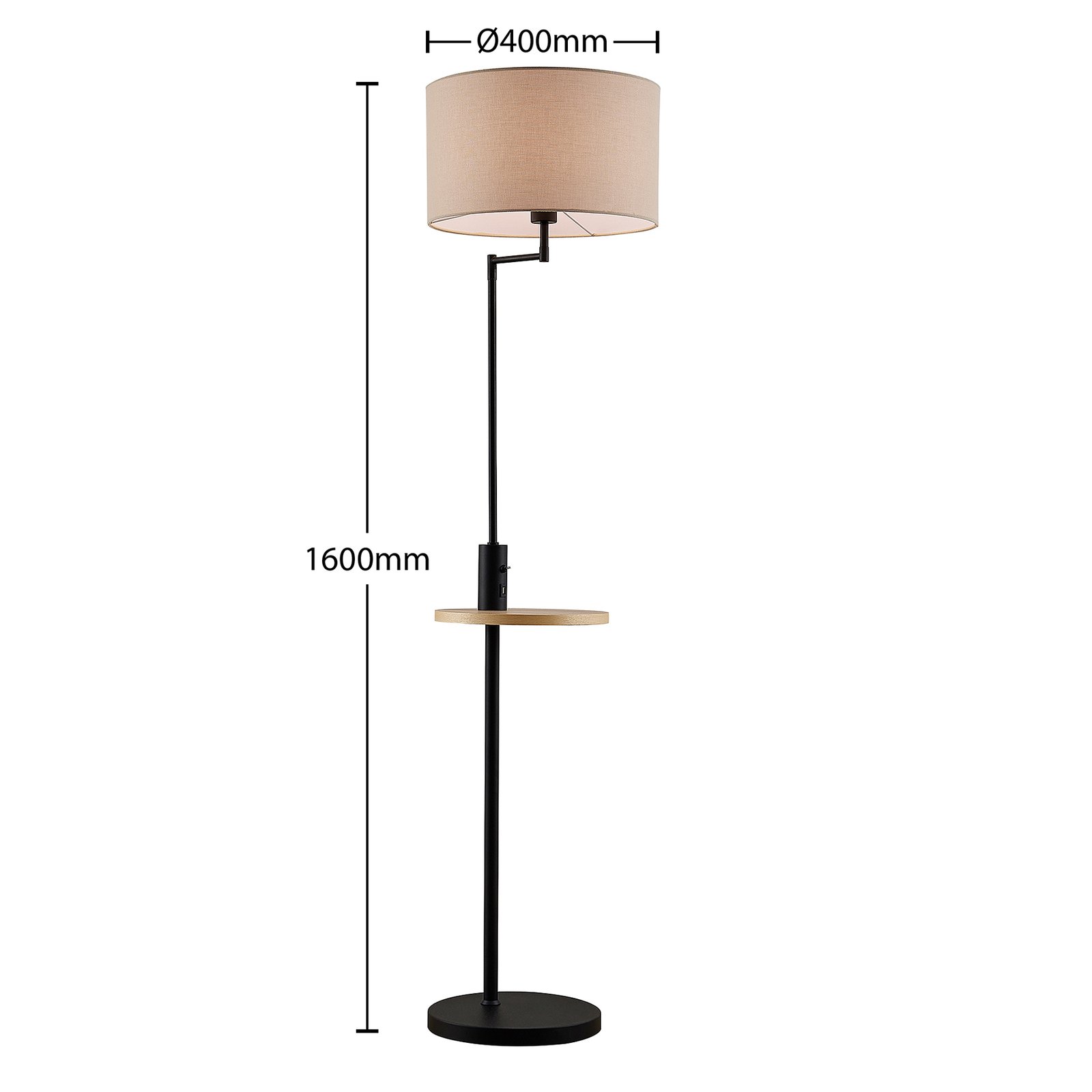 Lindby Zinia stojací lampa s poličkou a USB, černá