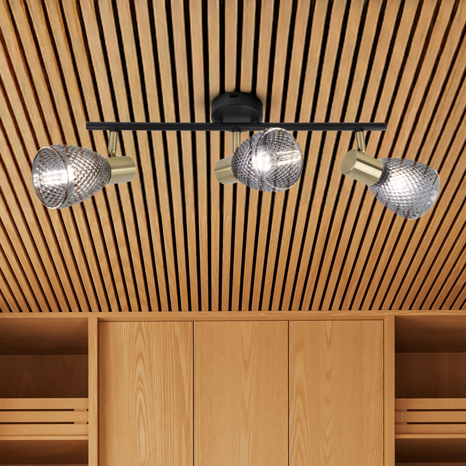 Loftslampe Lindita, 3 lyskilder, glas, røggrå, E14