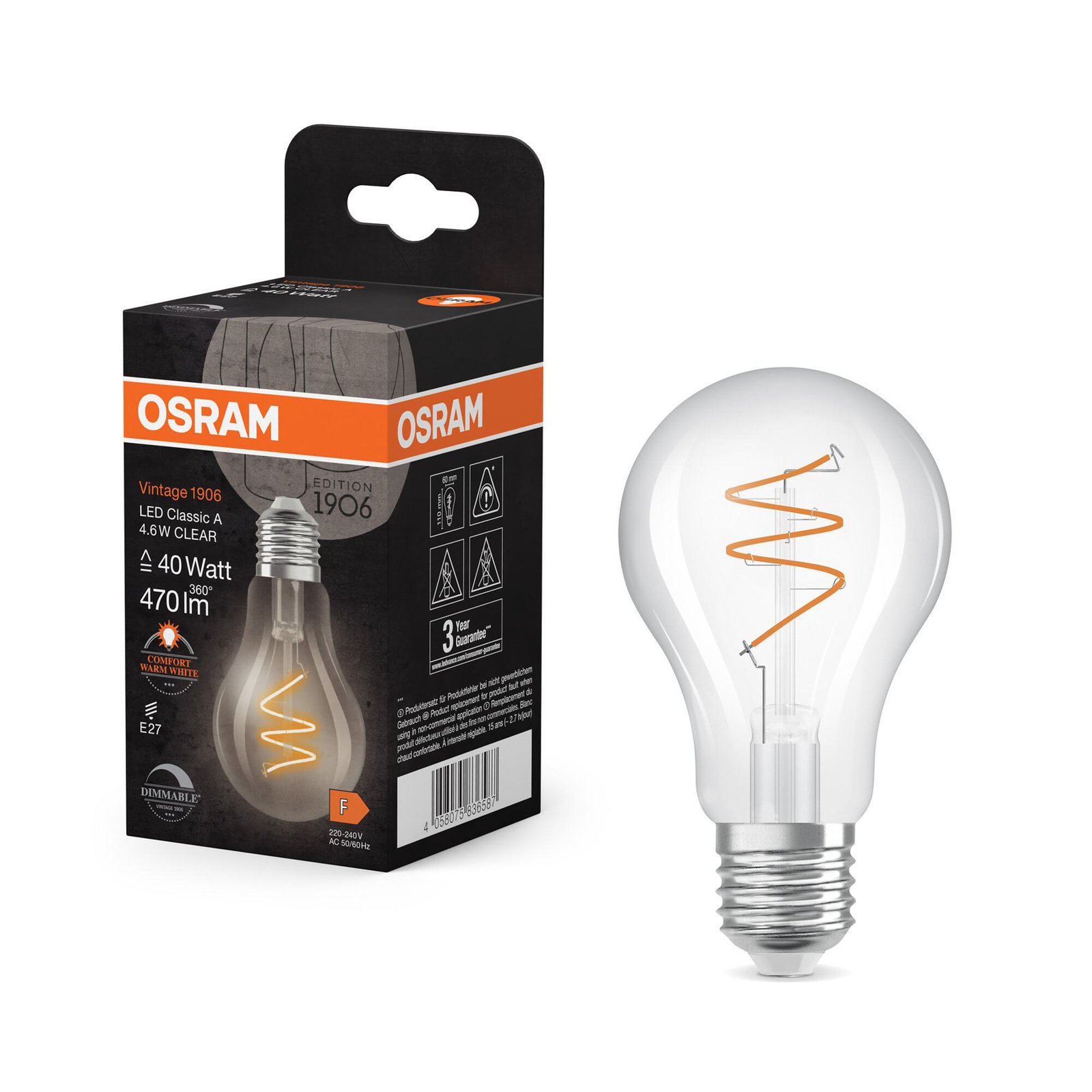 OSRAM LED Vintage E27 4,6W 2.200K Filamento em espiral regulável