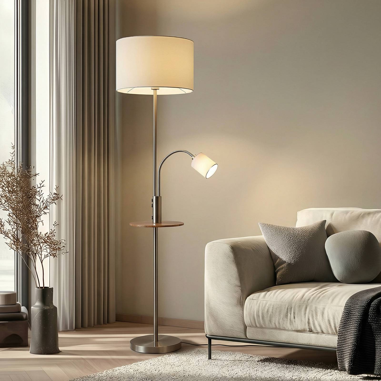 Lindby Stehlampe Aovan, nickelfarben, Ablage, USB-Anschluss günstig online kaufen