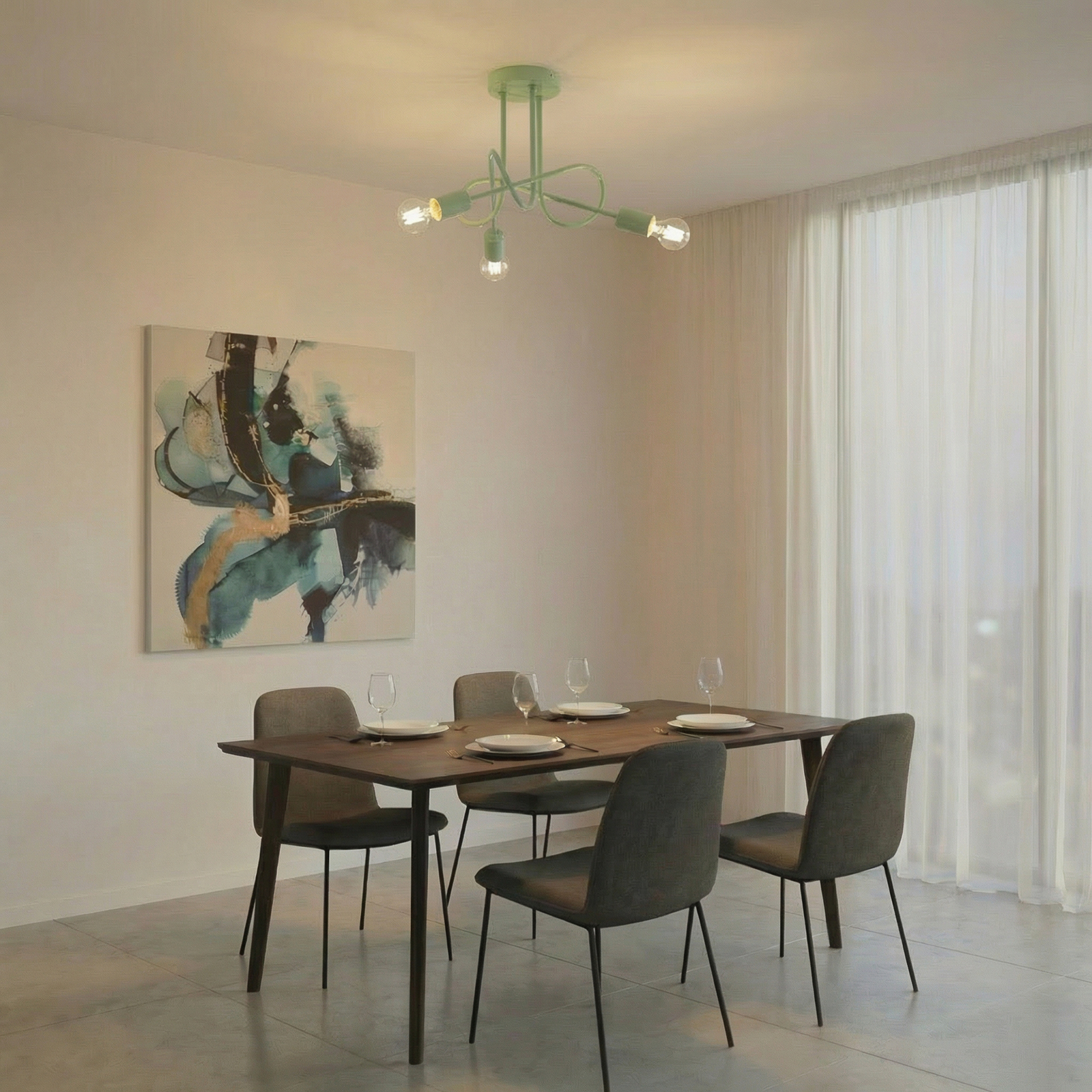 Oxford ceiling light, green, metal, 3-bulb, E27