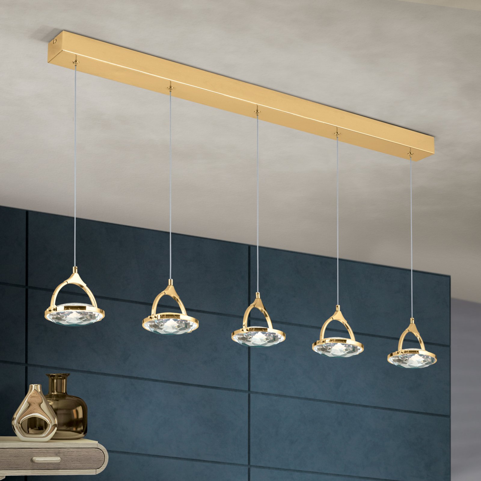 Moon LED linear pendant, K9 crystal glass, 5-bulb