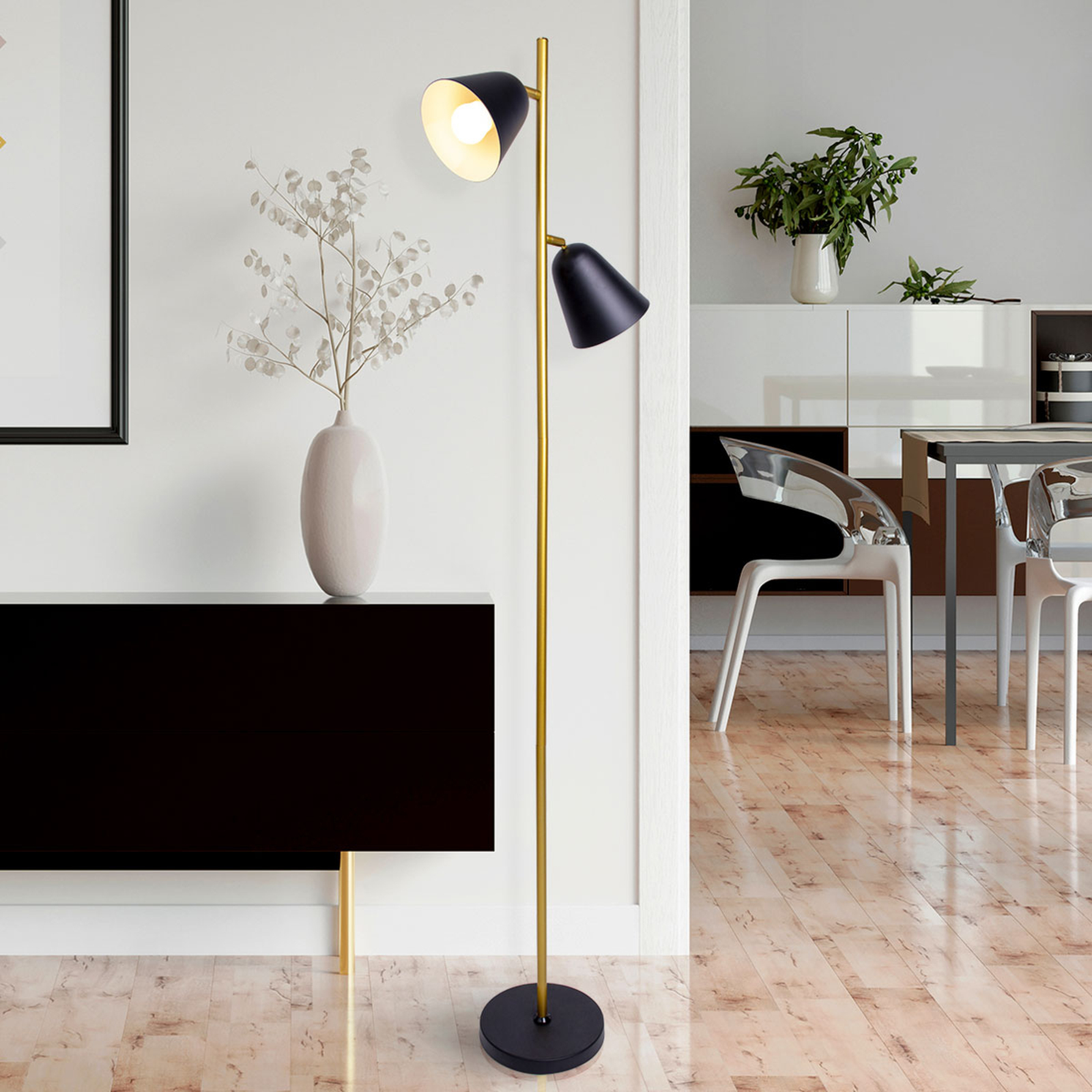 Triton gulvlampe, sort og guld, 2 lyskilder