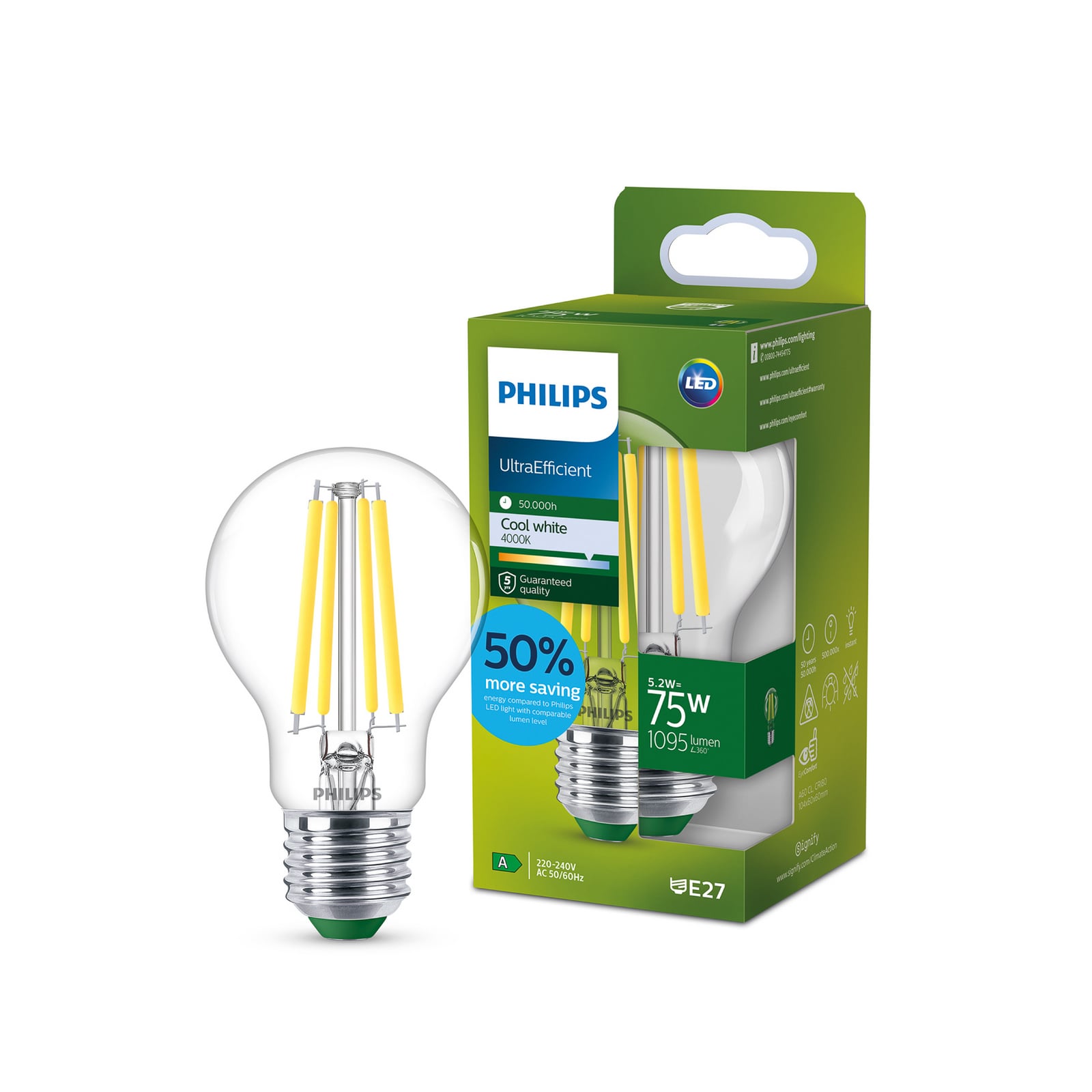 Philips E27 LED bulb A60 5.2W 1095lm 4,000K clear