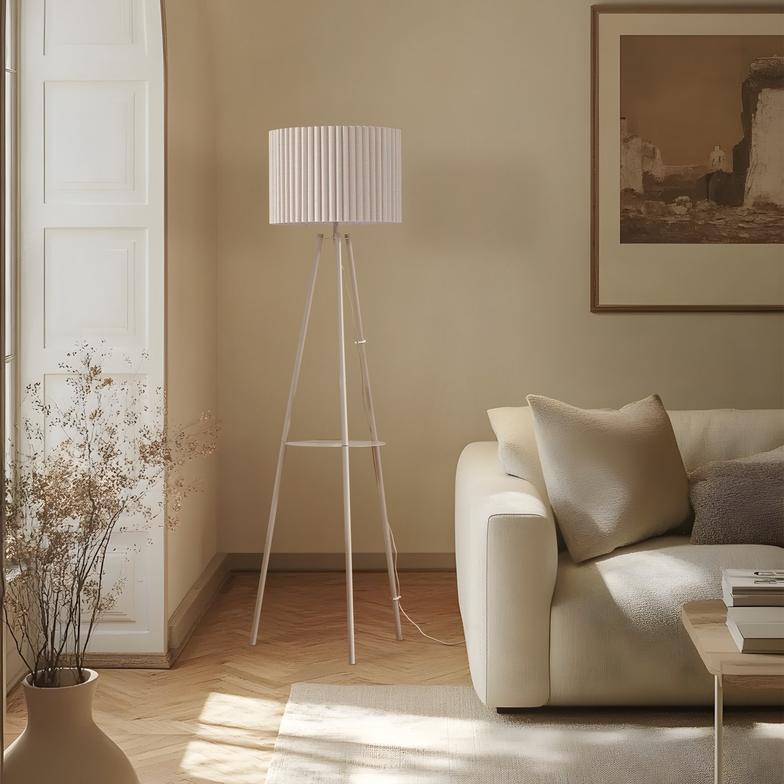 Lindby driepoot vloerlamp Libbie, 155 cm, linnen, crèmekleurig