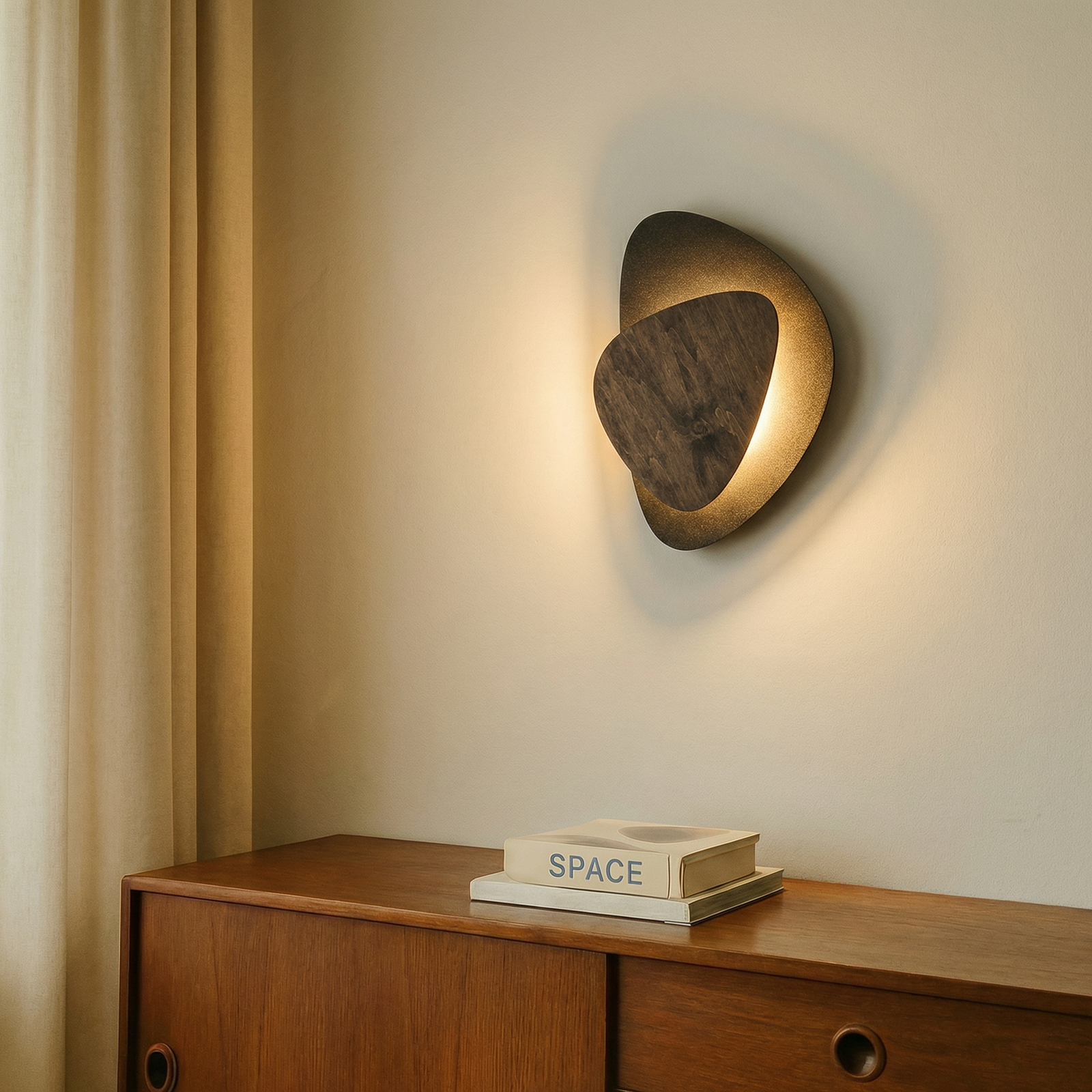 LED nástěnné světlo Pedra, černá/wenge, ocel, dřevo, 3 000 K