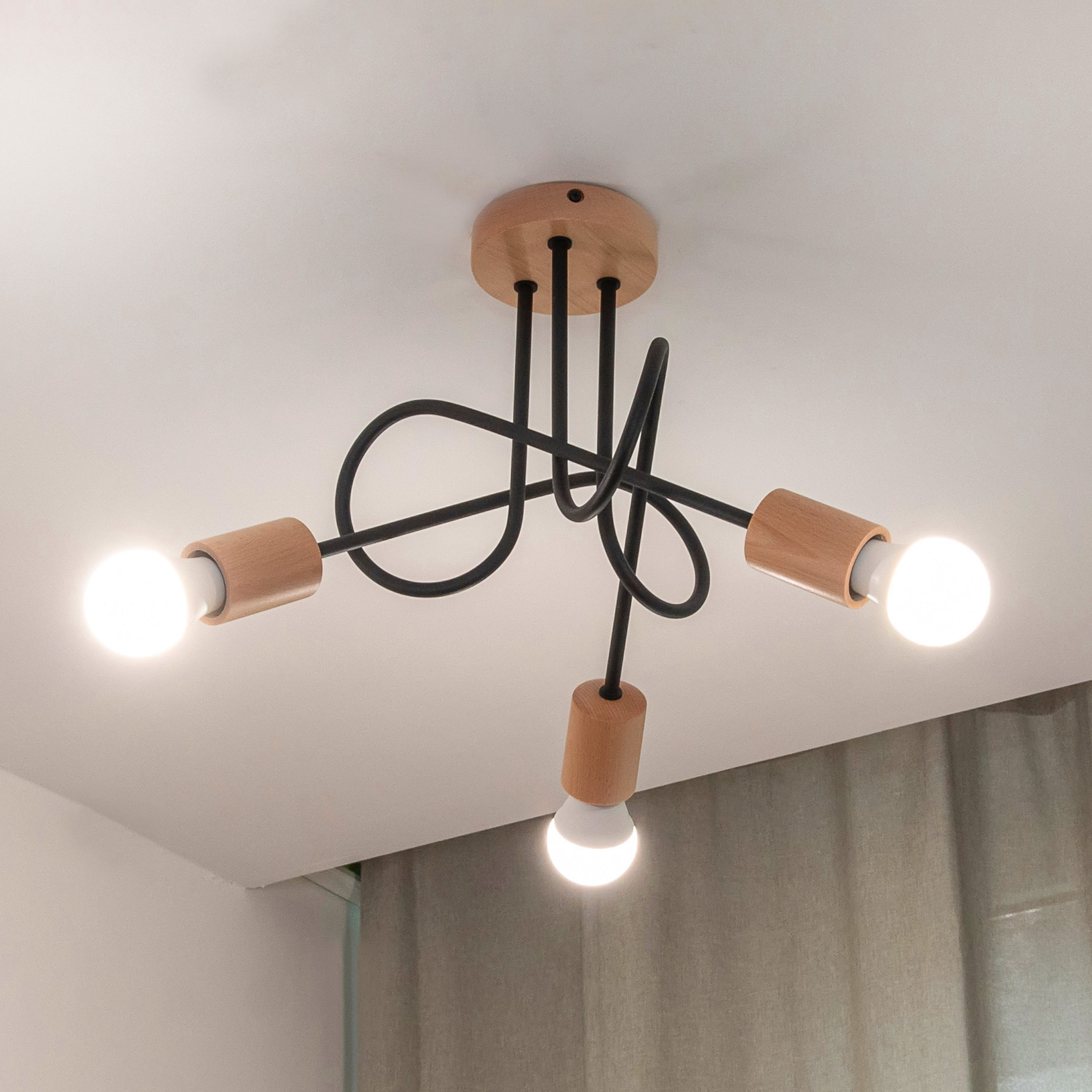 Deckenleuchte Oxford, schwarz, Holz, Metall, 3-fl,, Ø 44 cm