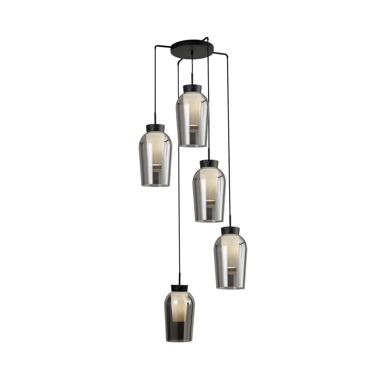 Hanglamp Nora, zwart, chroom, 5-lamps, rond, glas
