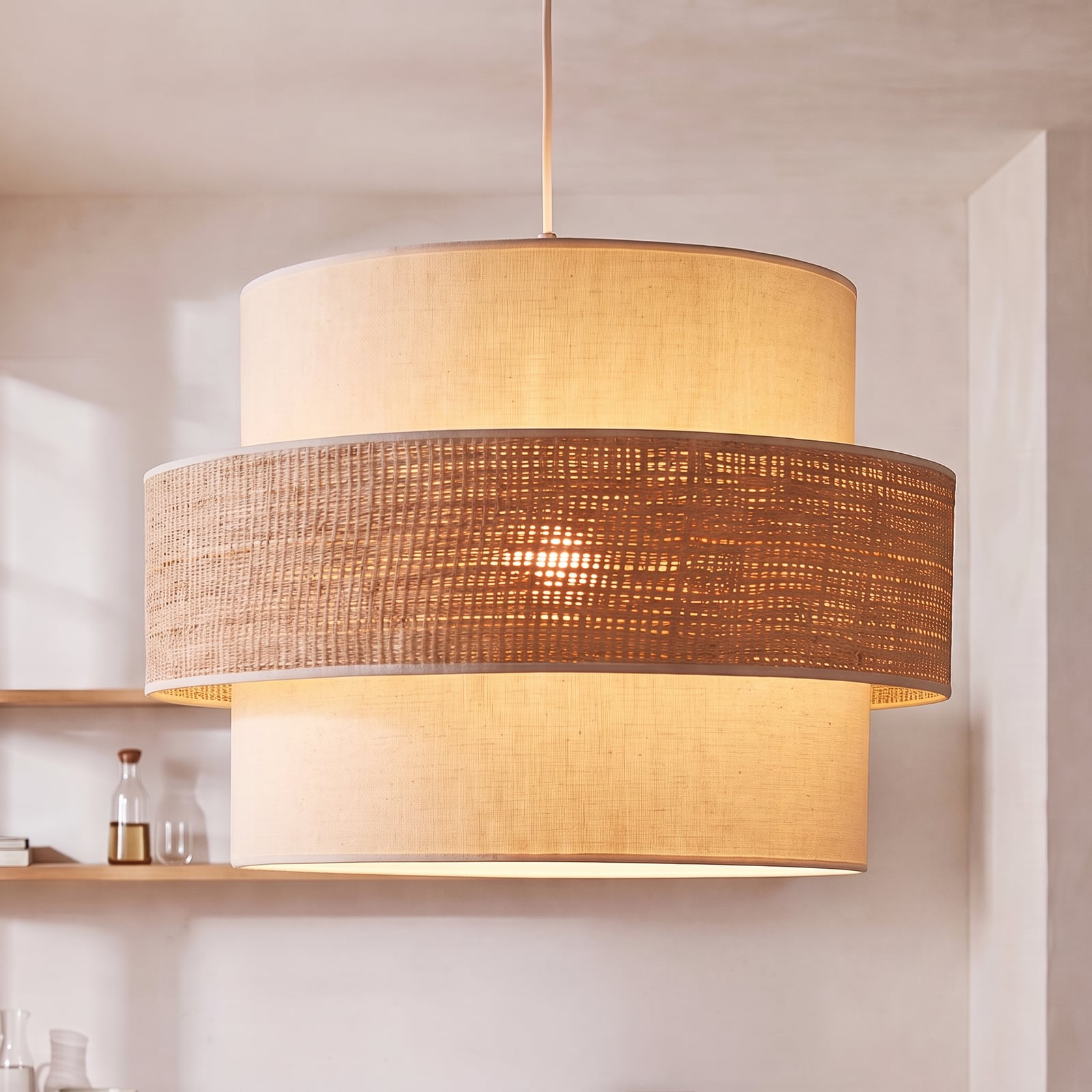 Lampada a sospensione Space, ecru/beige, 1 lampadina, tessuto, E27 - Duolla