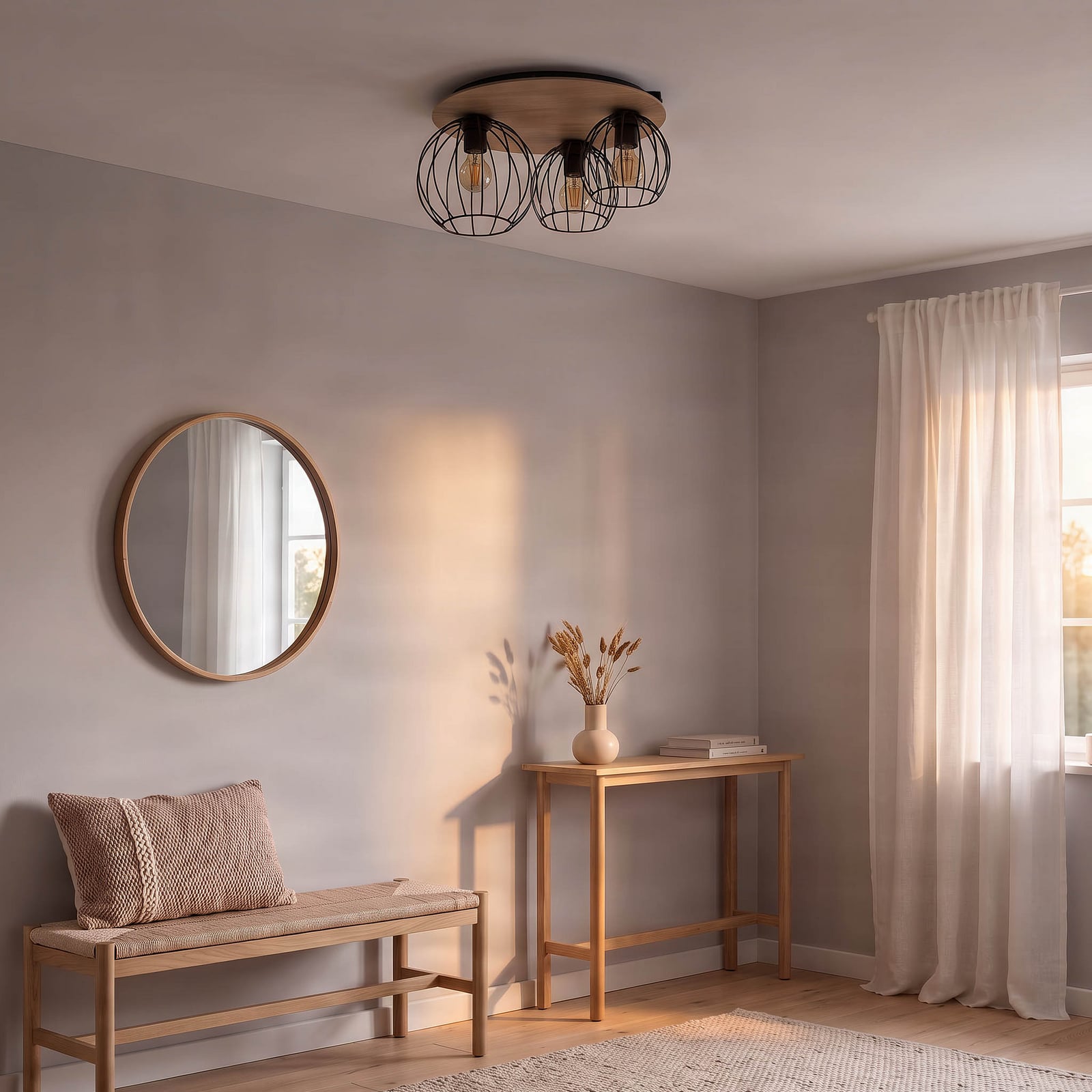 Plafondlamp Malin, houten kap rond, 3-lamps