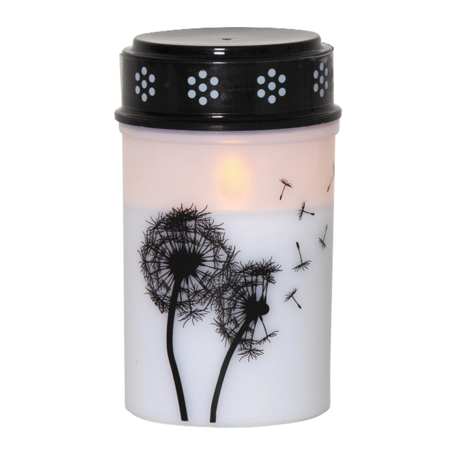 LED kapo žiburys Kiaulpienė, 12 cm, baltas/juodas plastikinis akumuliatorius
