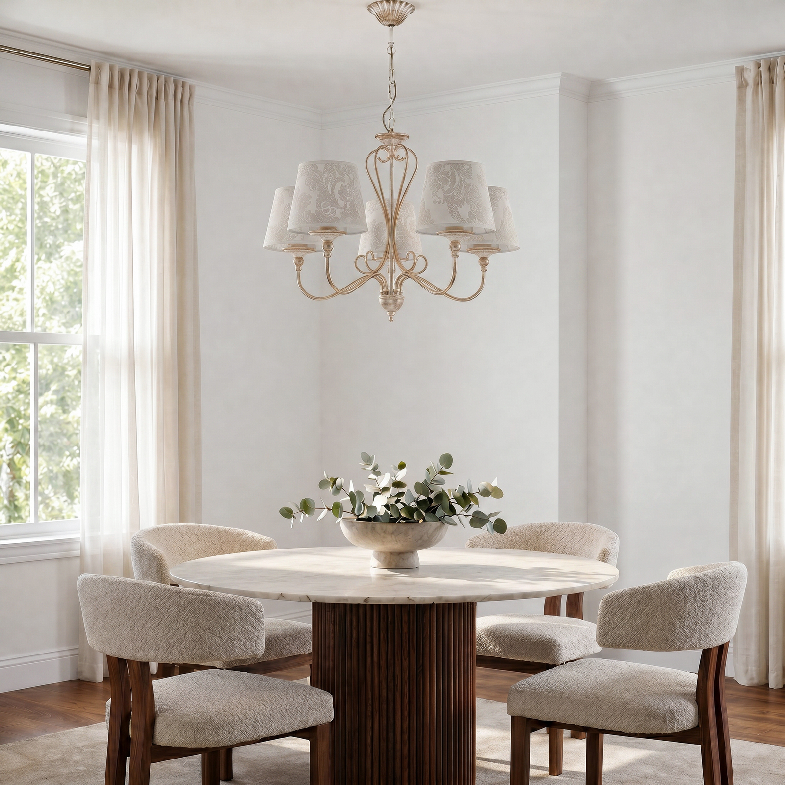 Kroonluchter Sofia Ecrie beige/goud 5-lamps textiel staal E27 Kroonluchter Sofia Ecrie beige/goud 5-lamps textiel staal E27