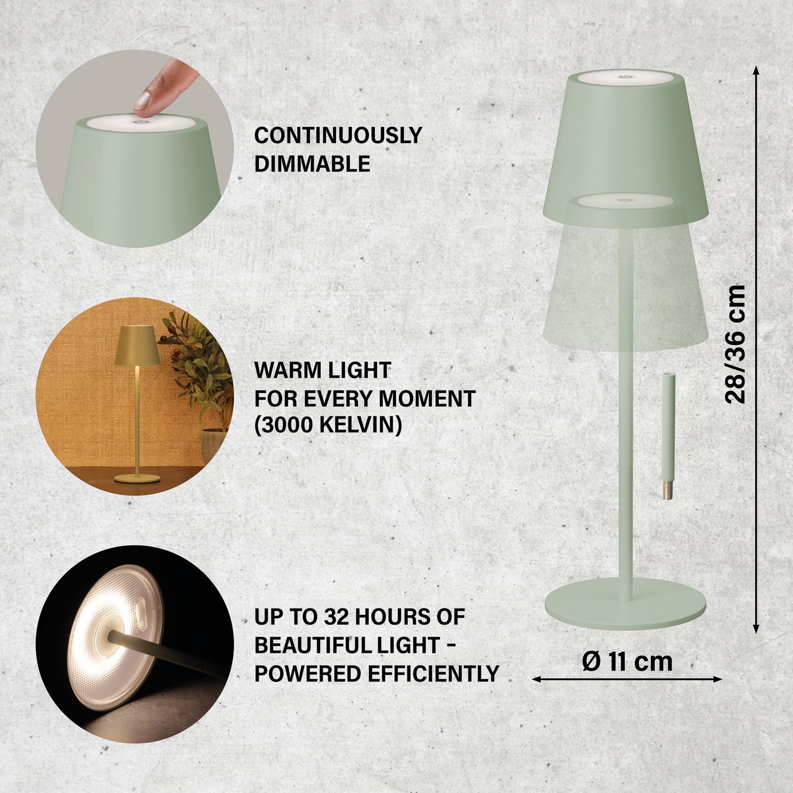 Lámpara de mesa LED recargable Viletto, verde salvia, IP54