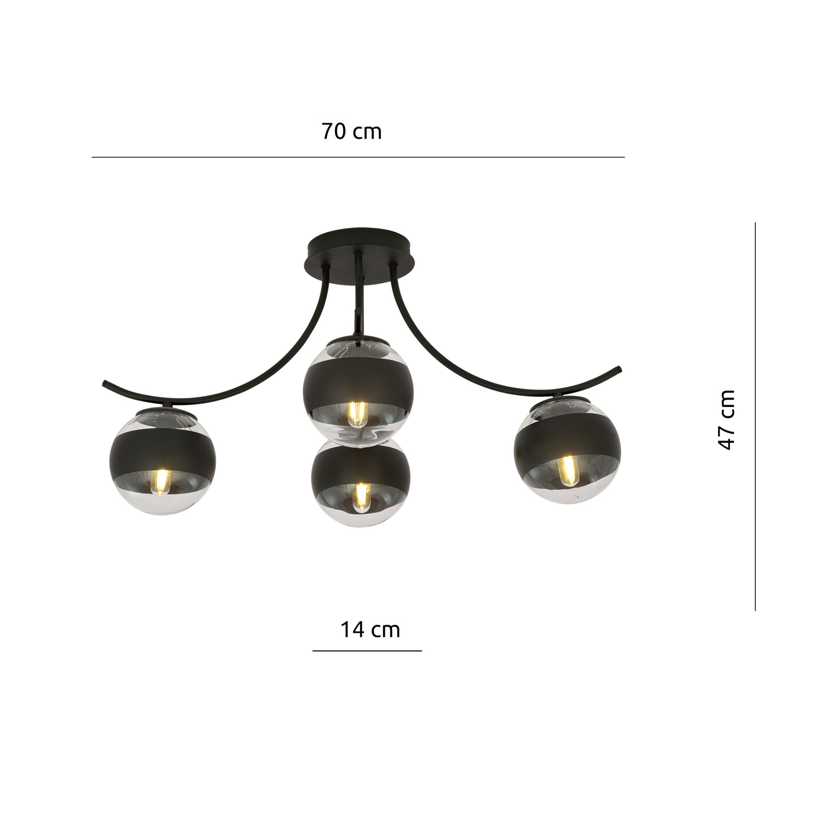Boston plafondlamp, zwart/helder, 4-lamps