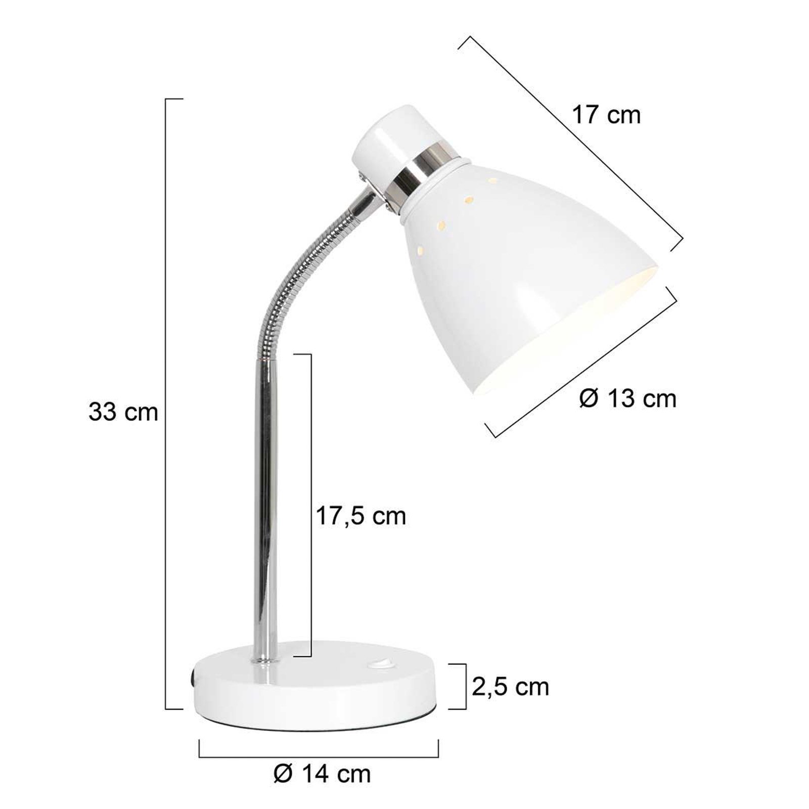 Pružinová stolová lampa, biela, kov, ohybné rameno, s vypínačom