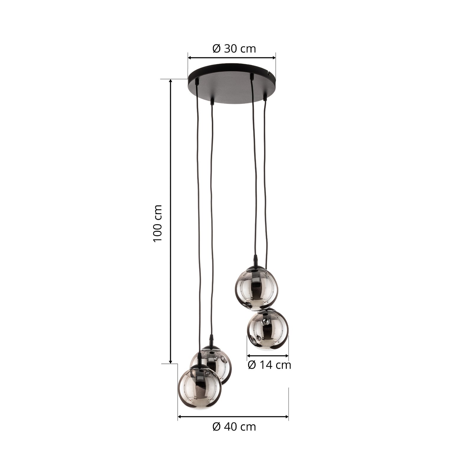 Glassy pendant light, 4-bulb, black, graphite, glass, E14