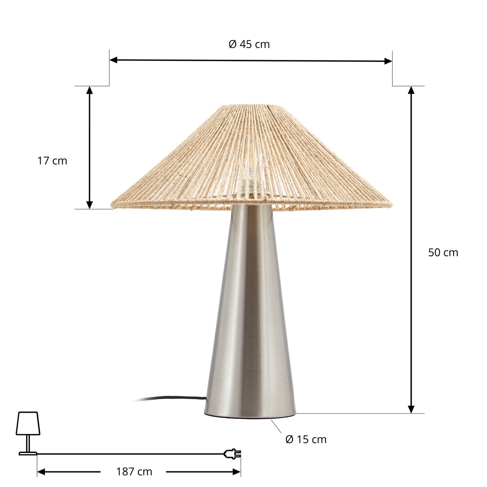 Lucande Stephane asztali világítás, nikkel, magasság 50 cm, kenderkötél