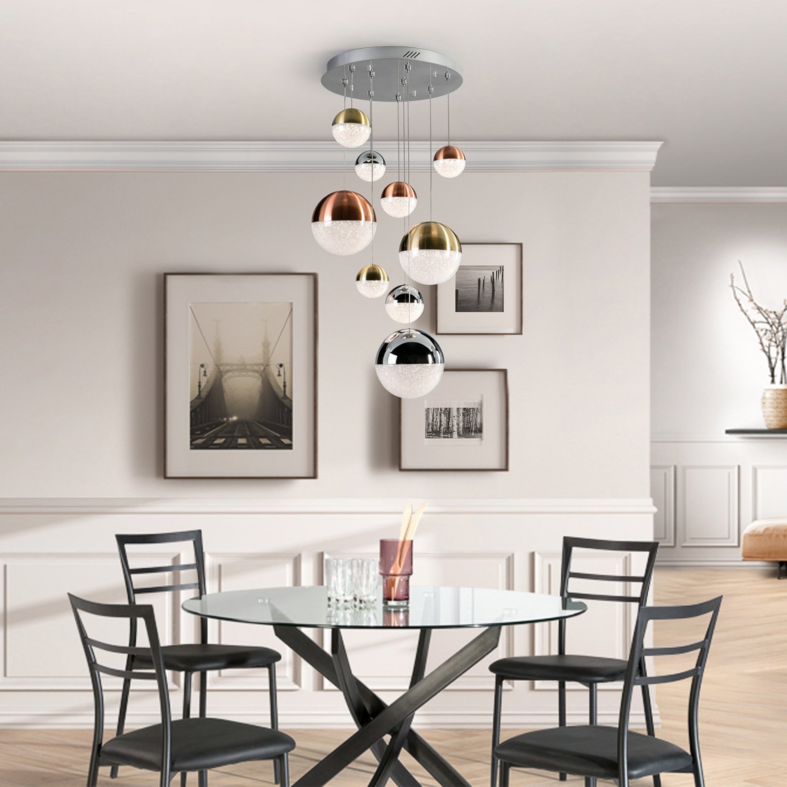 LED piekaramais apgaismojums Sphere, 9 gaismas, dimmējams, Ø 50 cm,