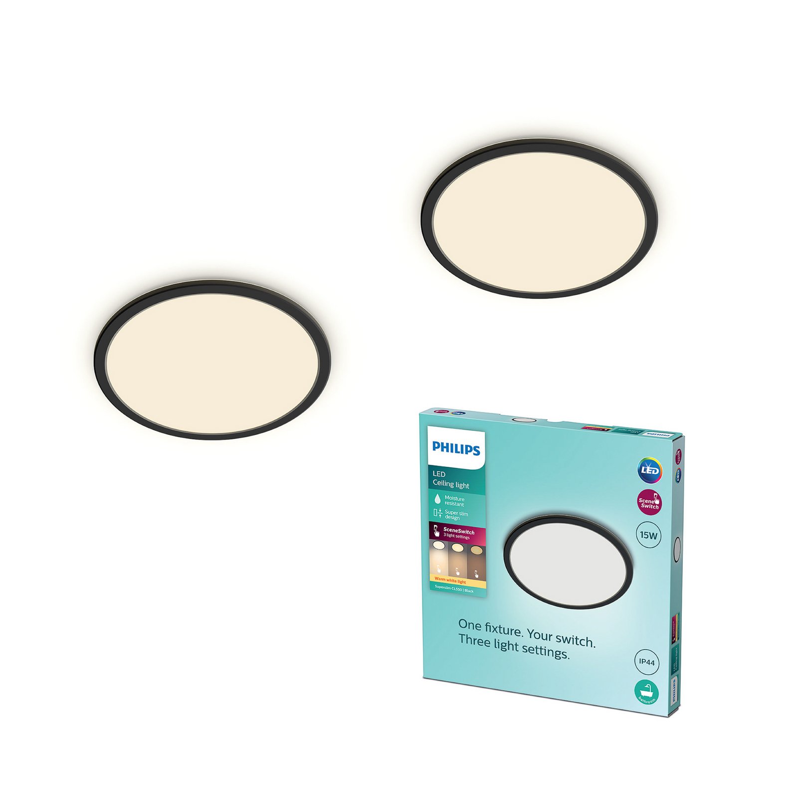 Philips LED SuperSlim 2er-Set schwarz IP44 Ø 25cm 2.700K