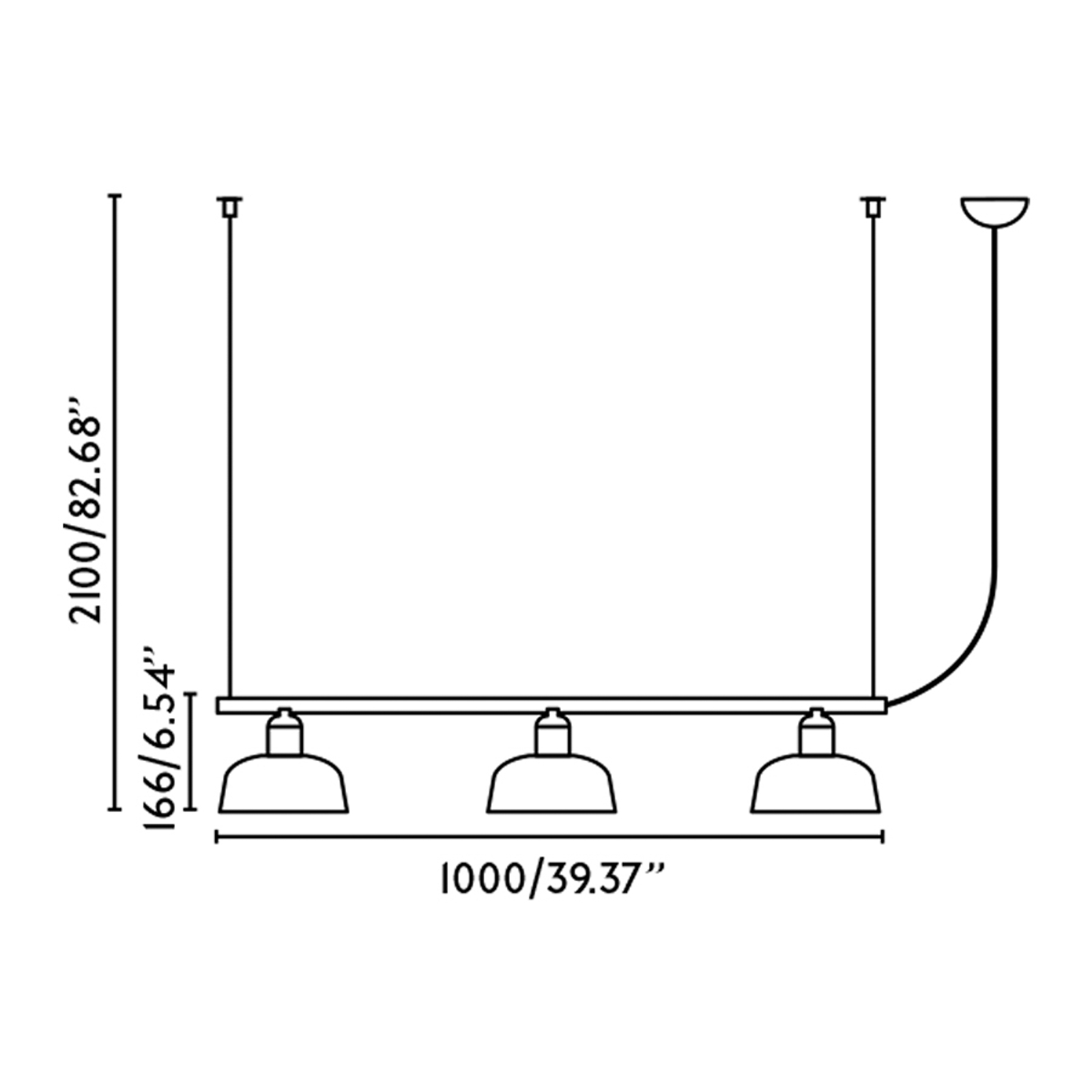 Suspension Tatawin, noir, verre, longueur 100 cm, à 3 lampes.